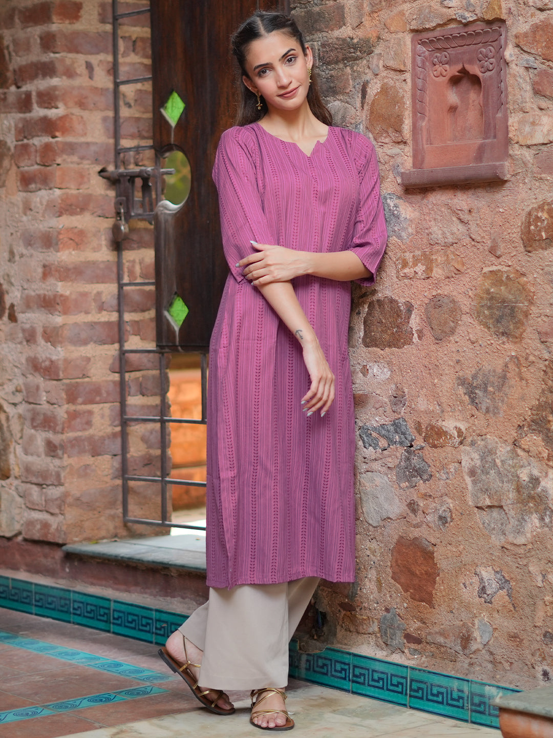 Mauve Striped Rayon Straight Kurta