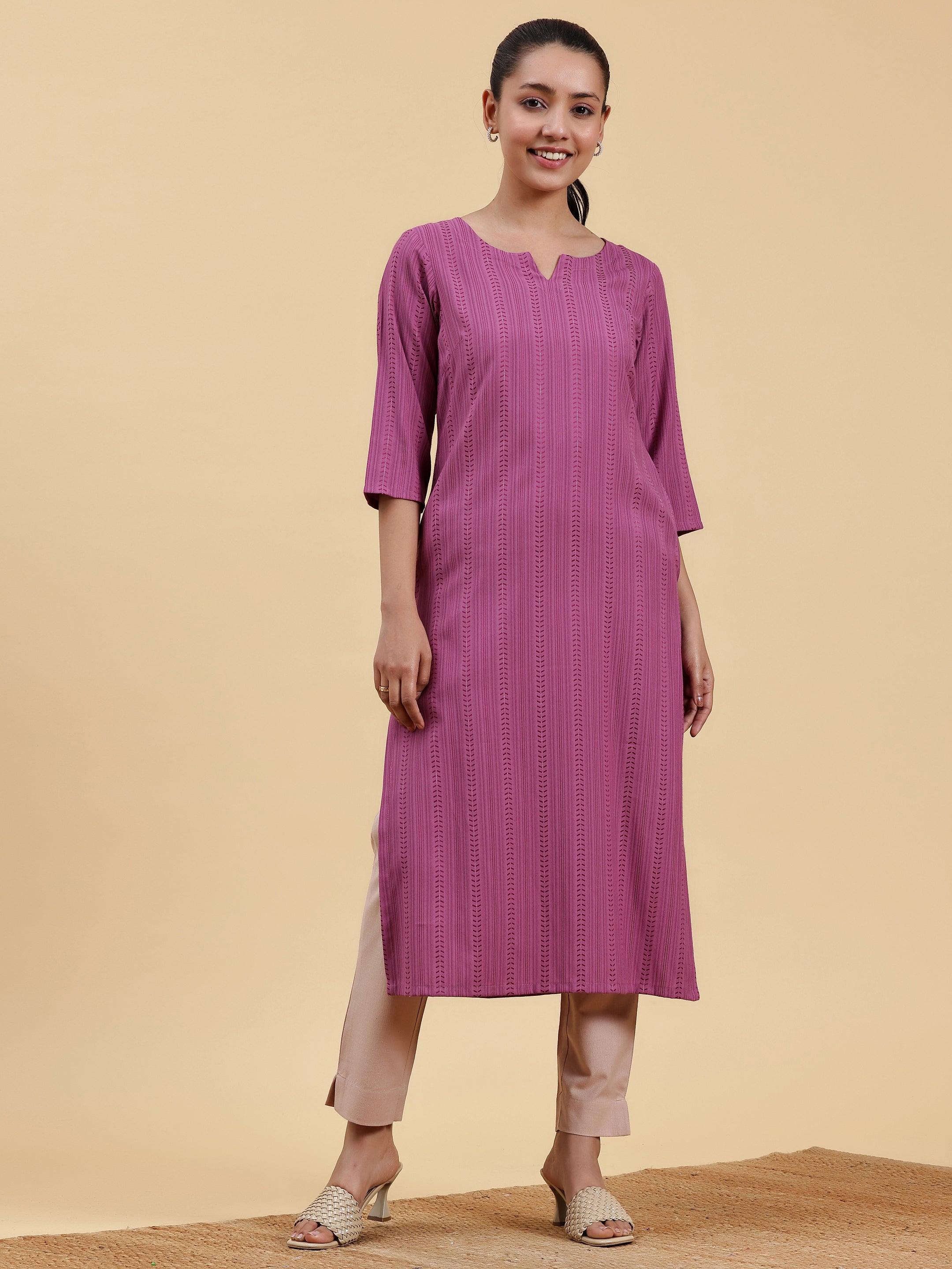 Mauve Striped Rayon Straight Kurta