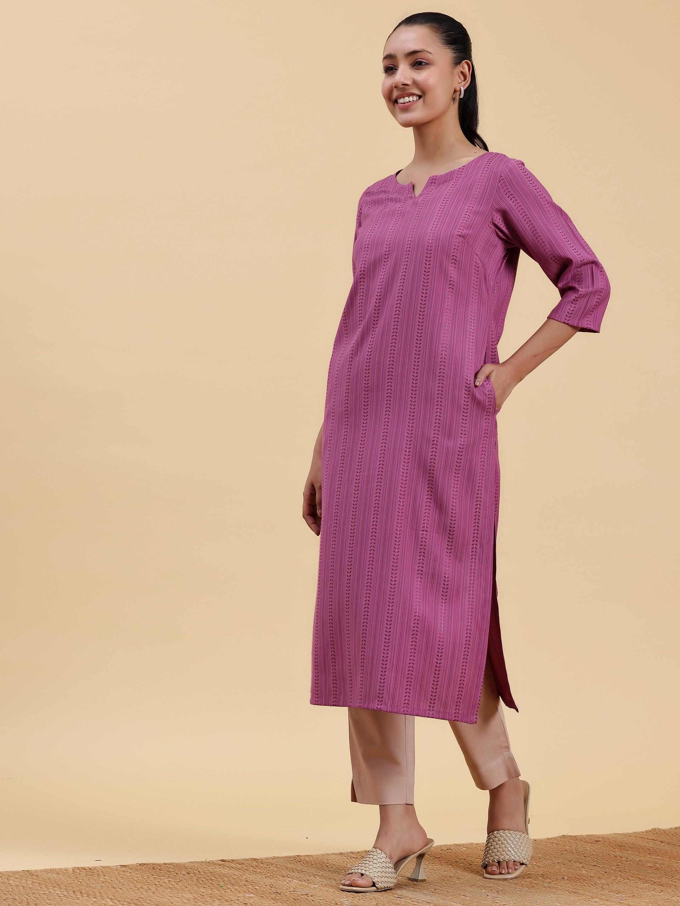 Mauve Striped Rayon Straight Kurta