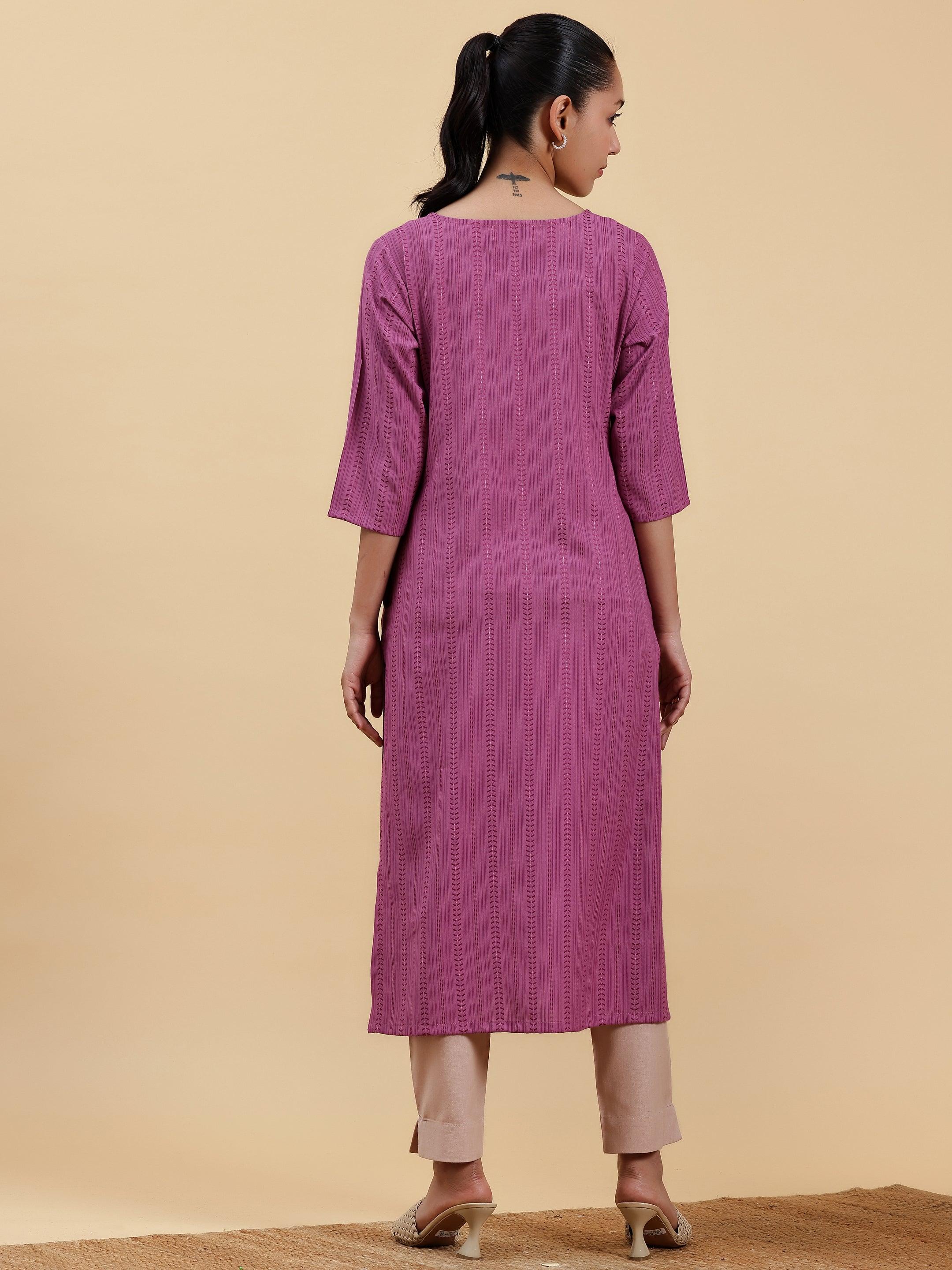 Mauve Striped Rayon Straight Kurta