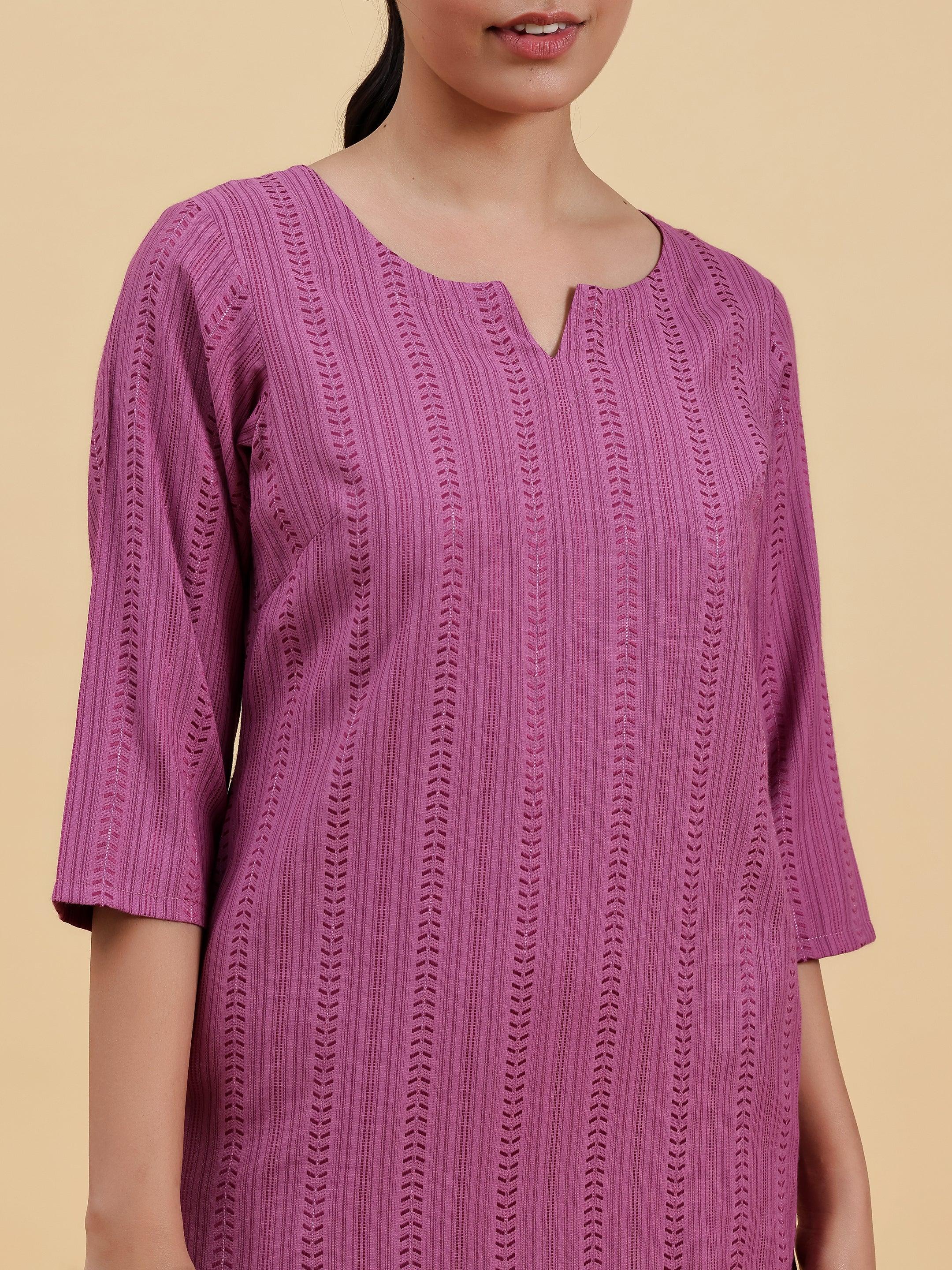 Mauve Striped Rayon Straight Kurta