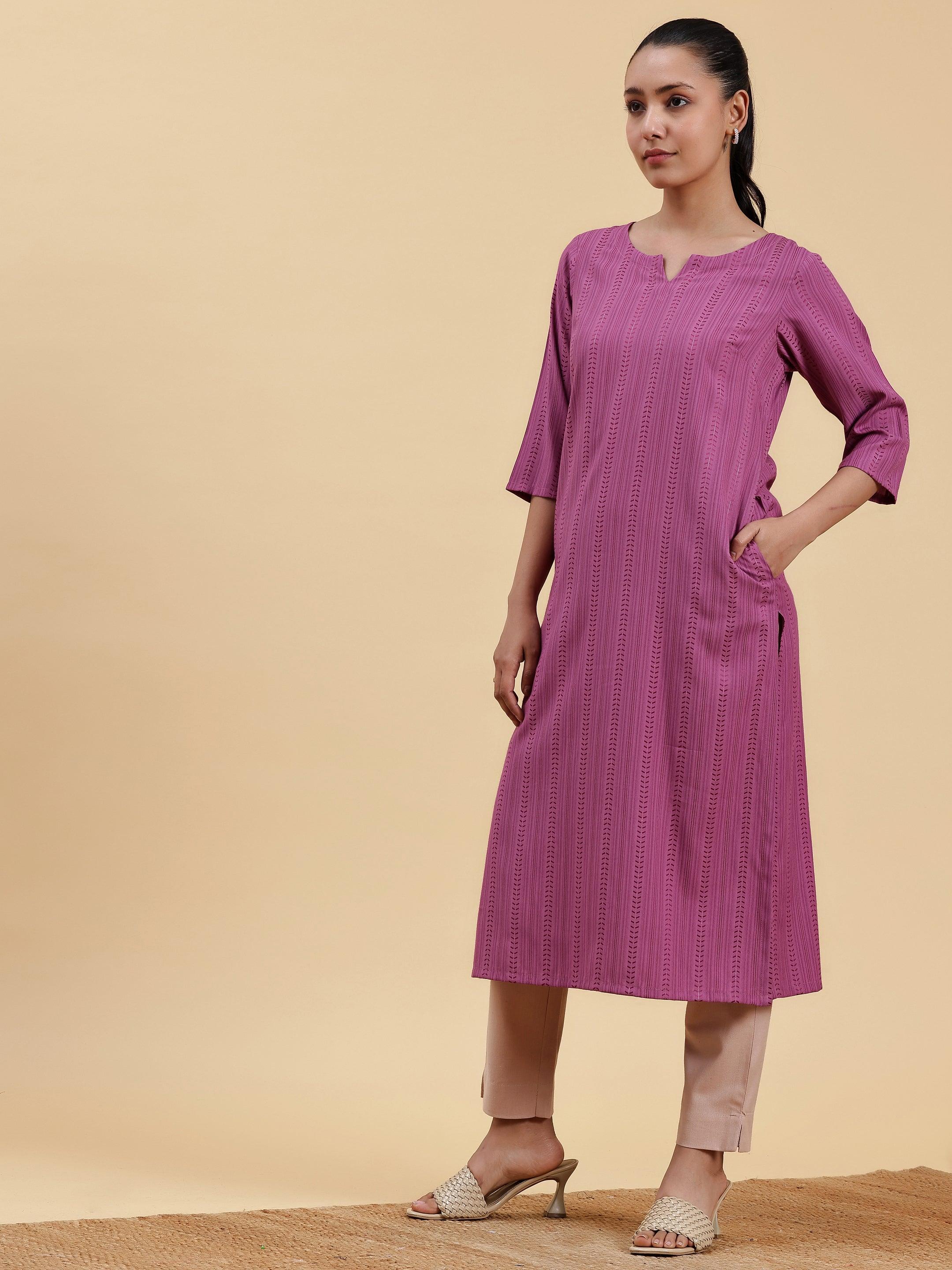 Mauve Striped Rayon Straight Kurta