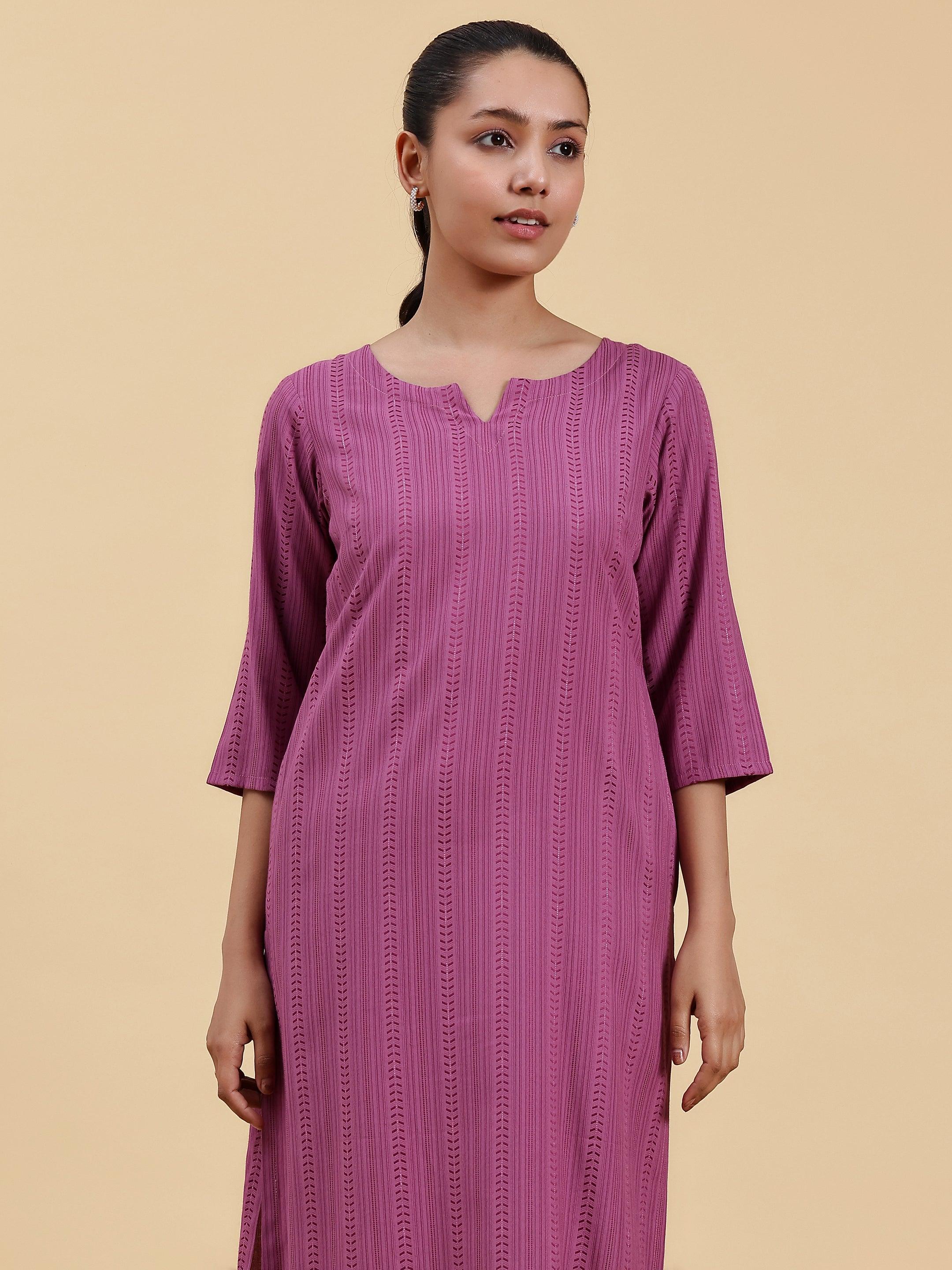 Mauve Striped Rayon Straight Kurta