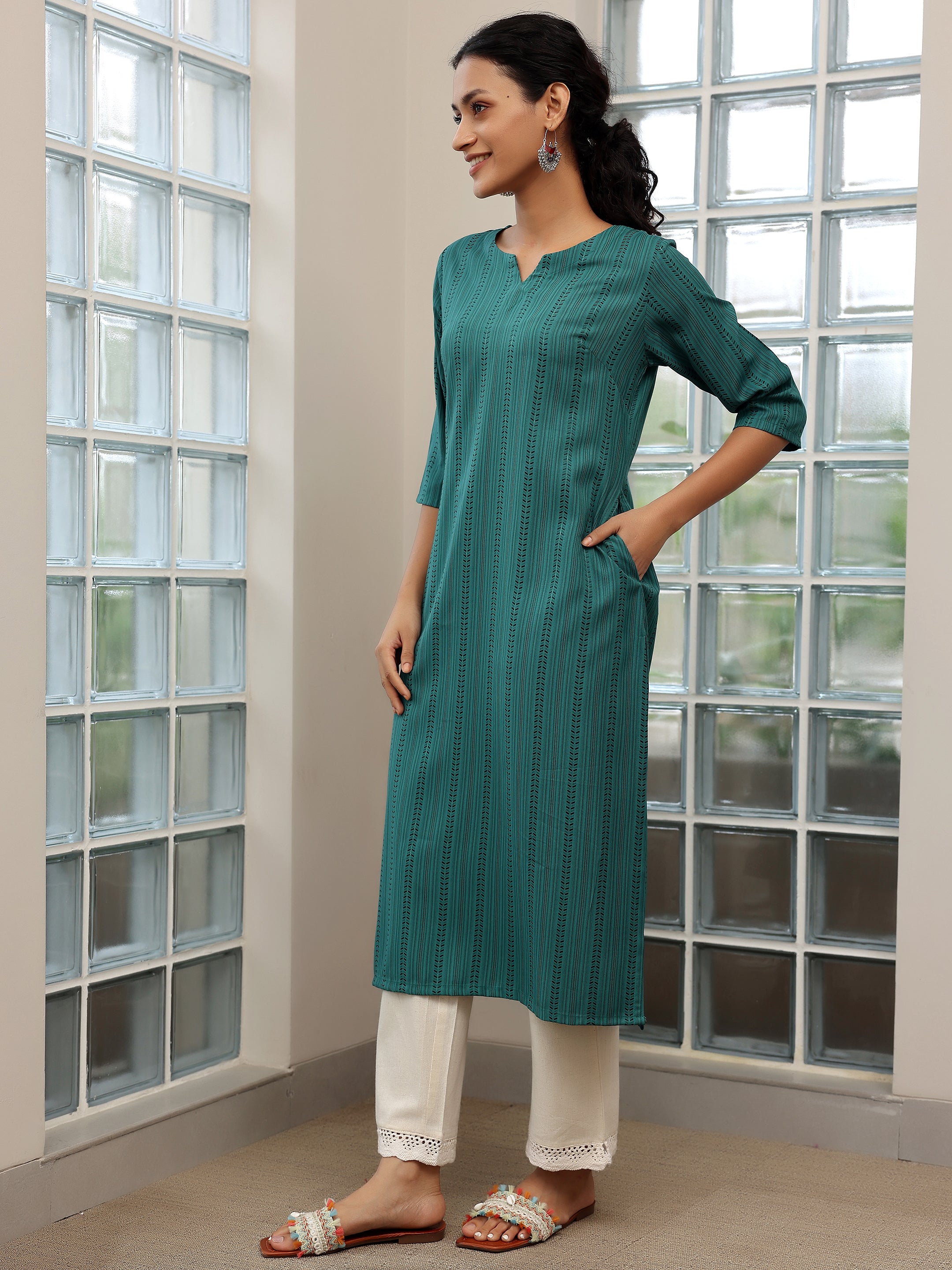 Blue Striped Rayon Straight Kurta