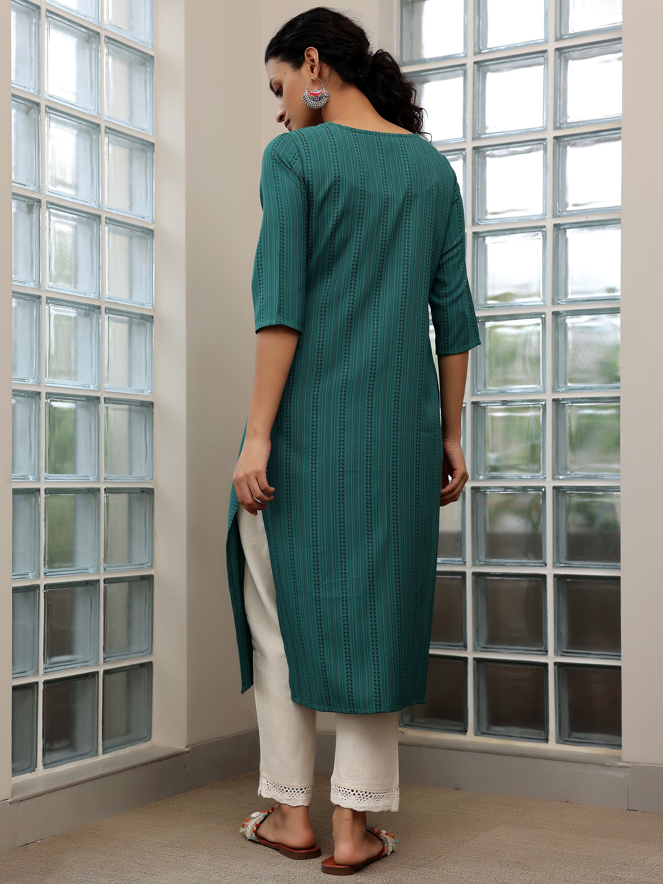 Blue Striped Rayon Straight Kurta