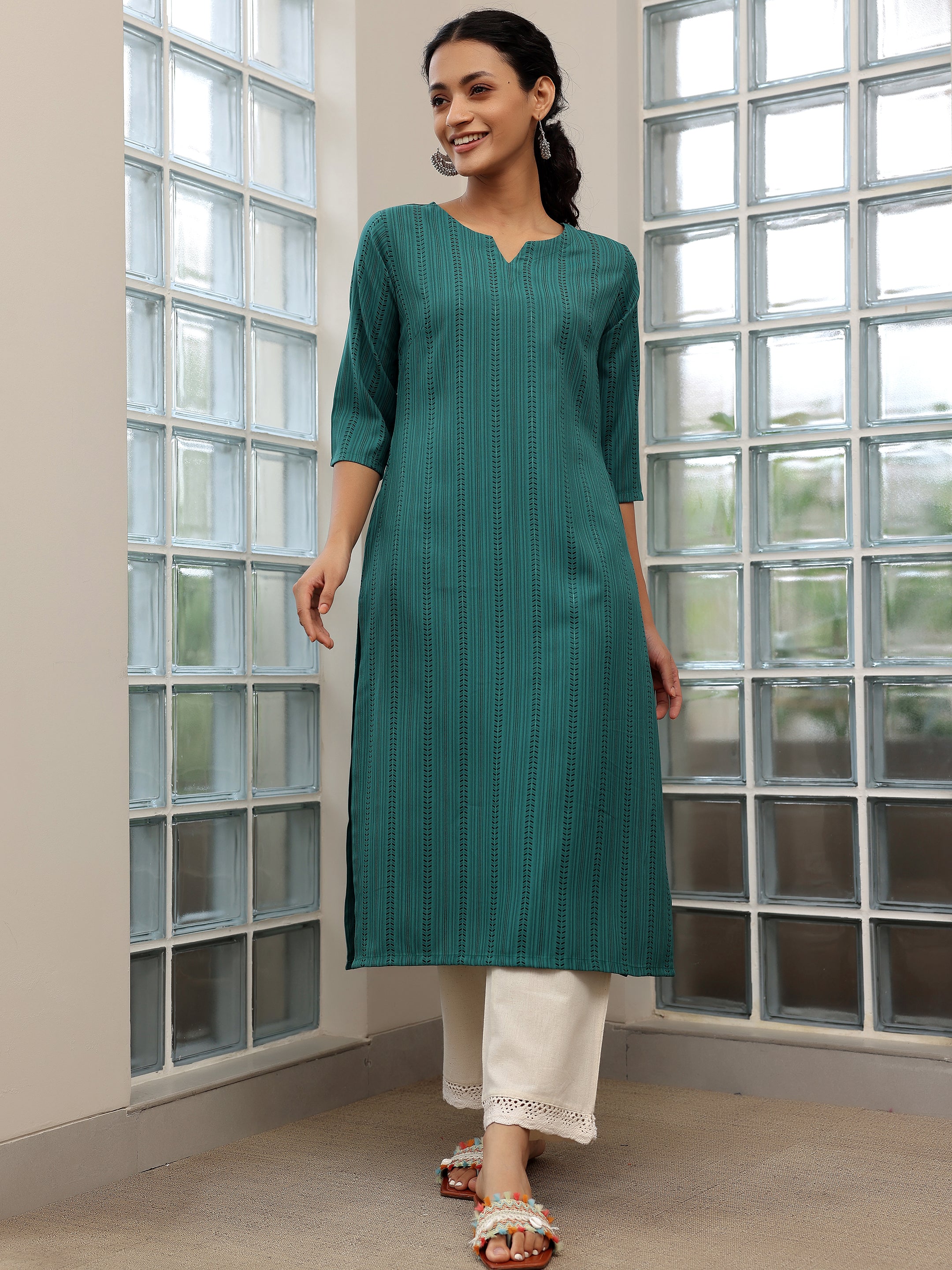 Blue Striped Rayon Straight Kurta