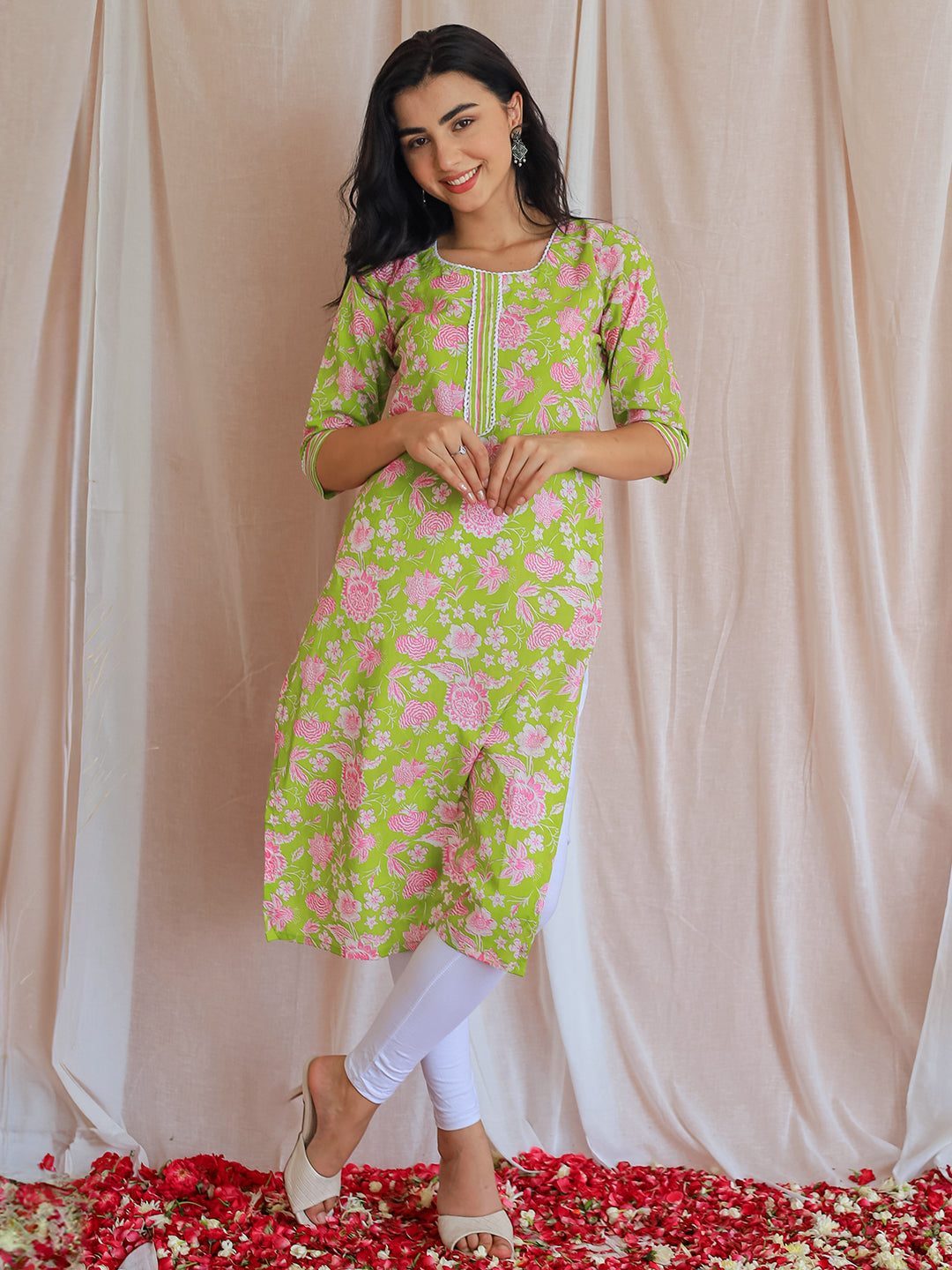 Green Printed Cotton Straight Kurta