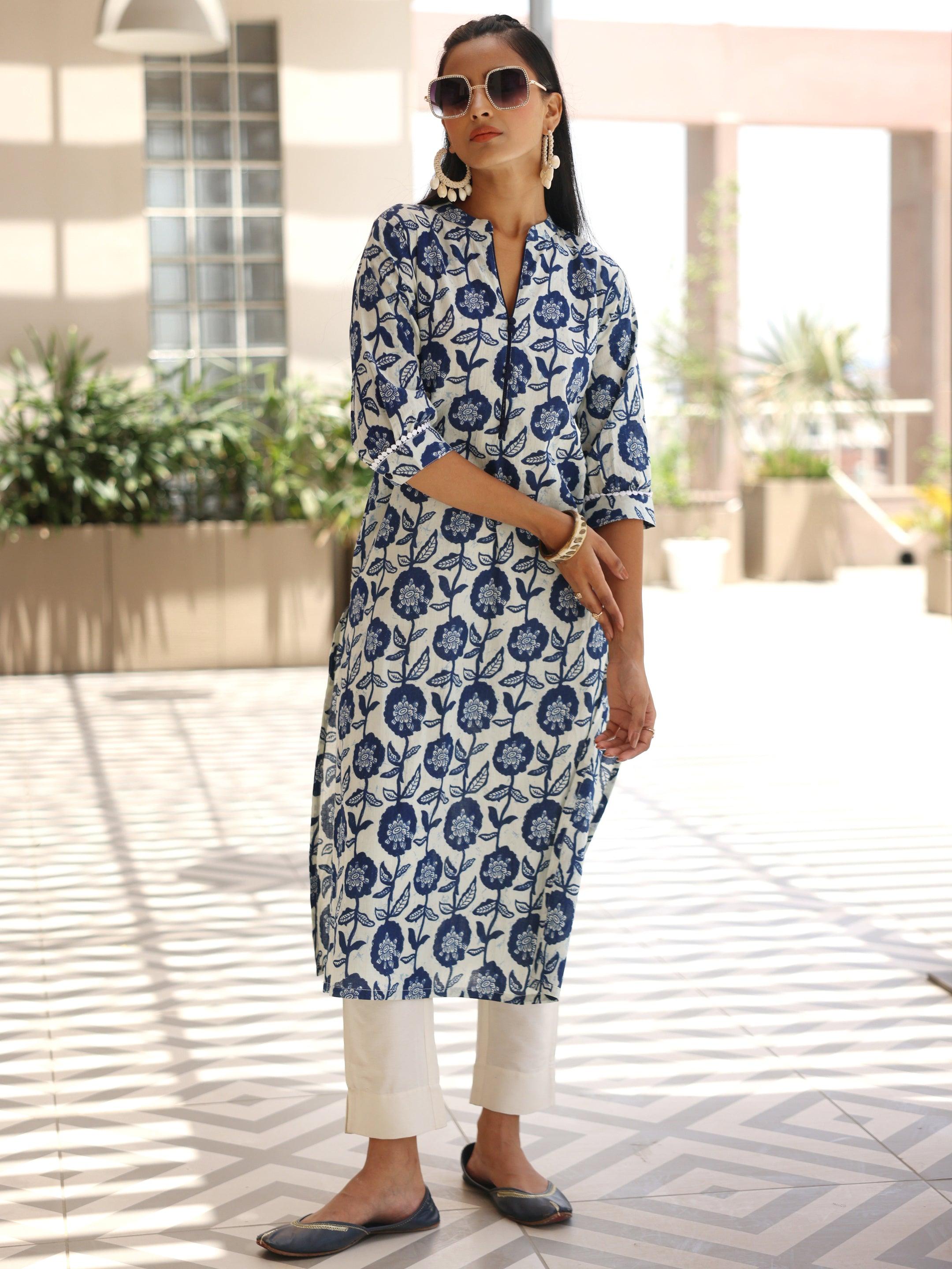 Blue Printed Cotton Straight Kurta