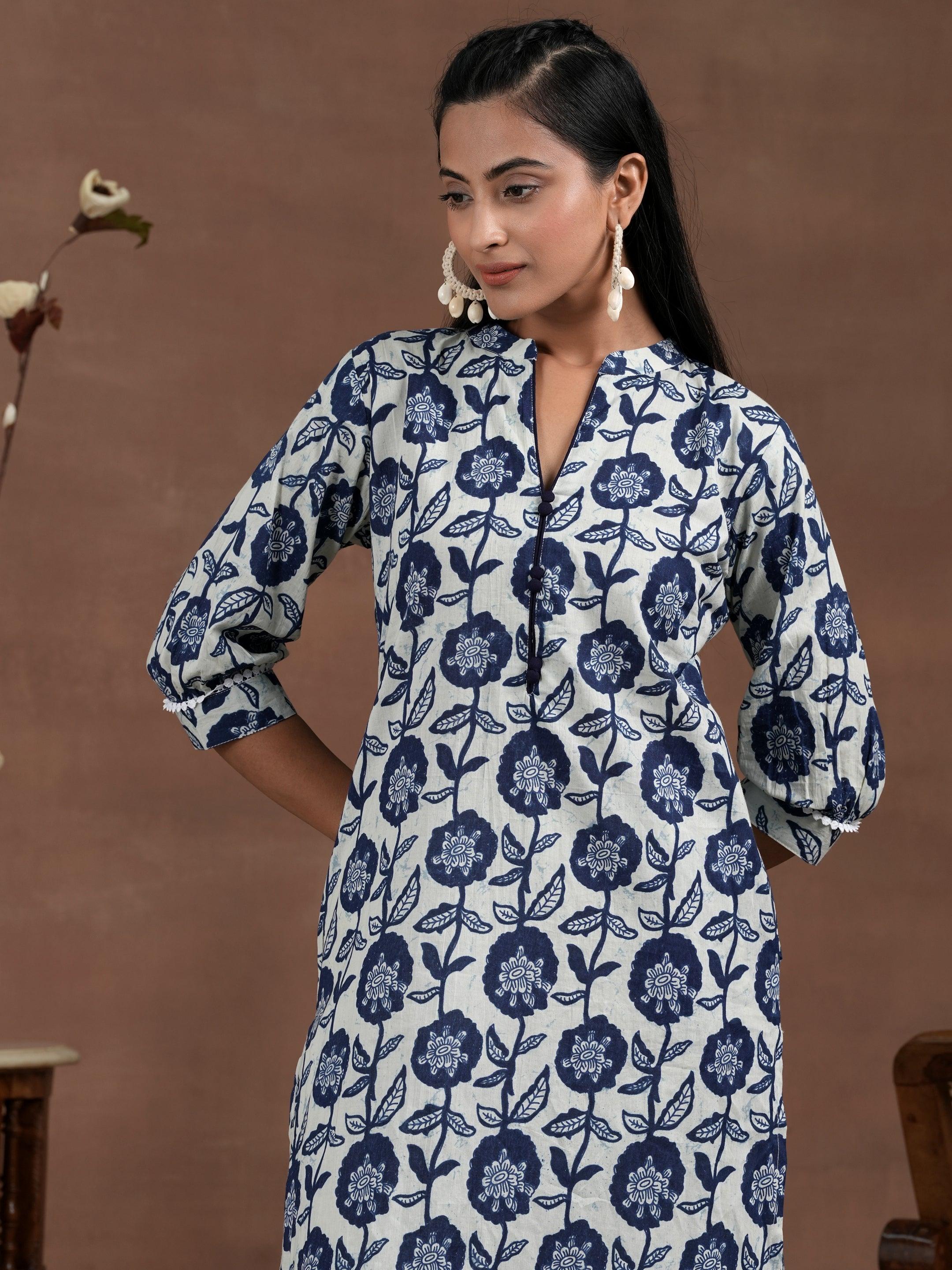 Blue Printed Cotton Straight Kurta