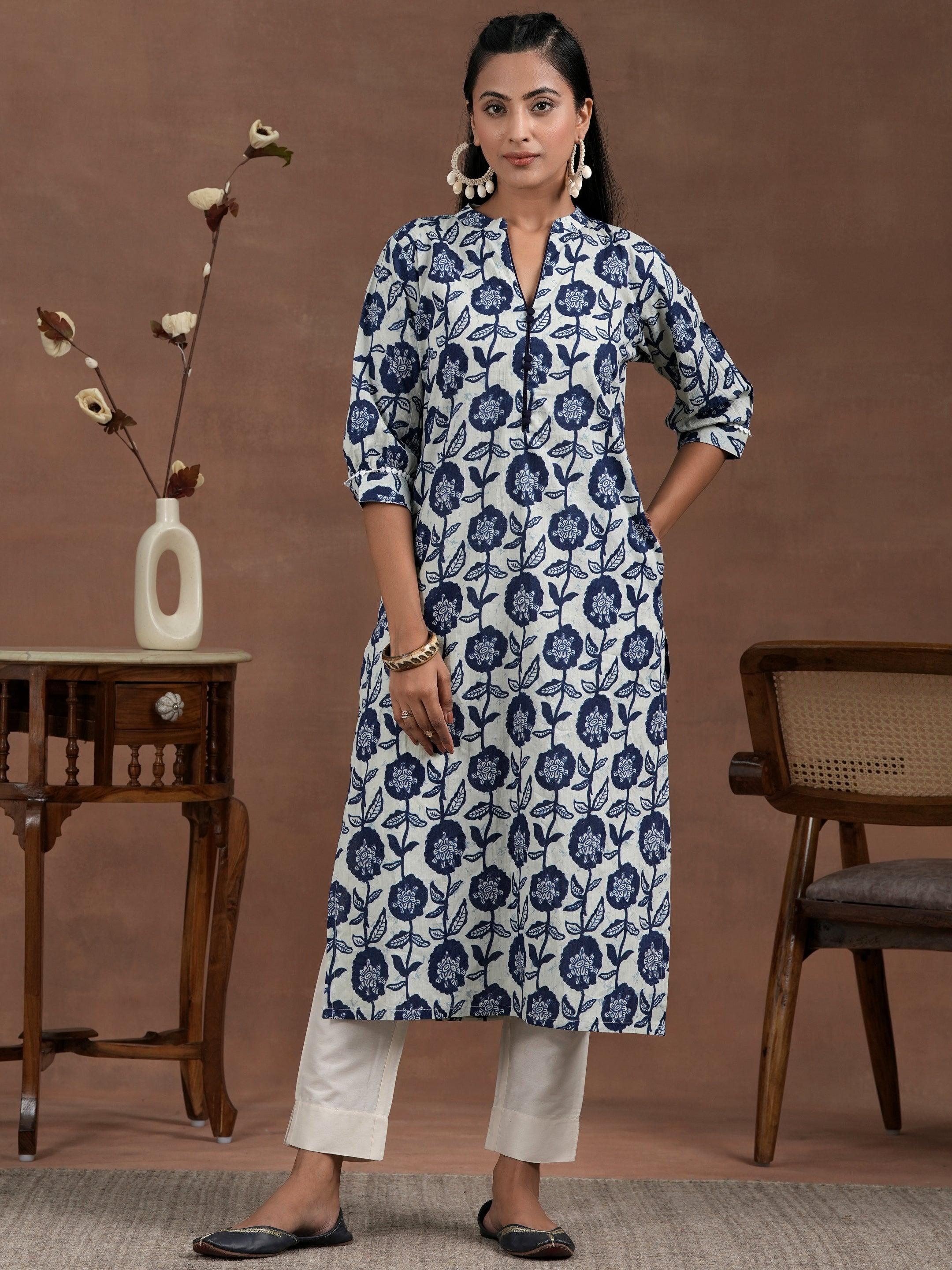 Blue Printed Cotton Straight Kurta