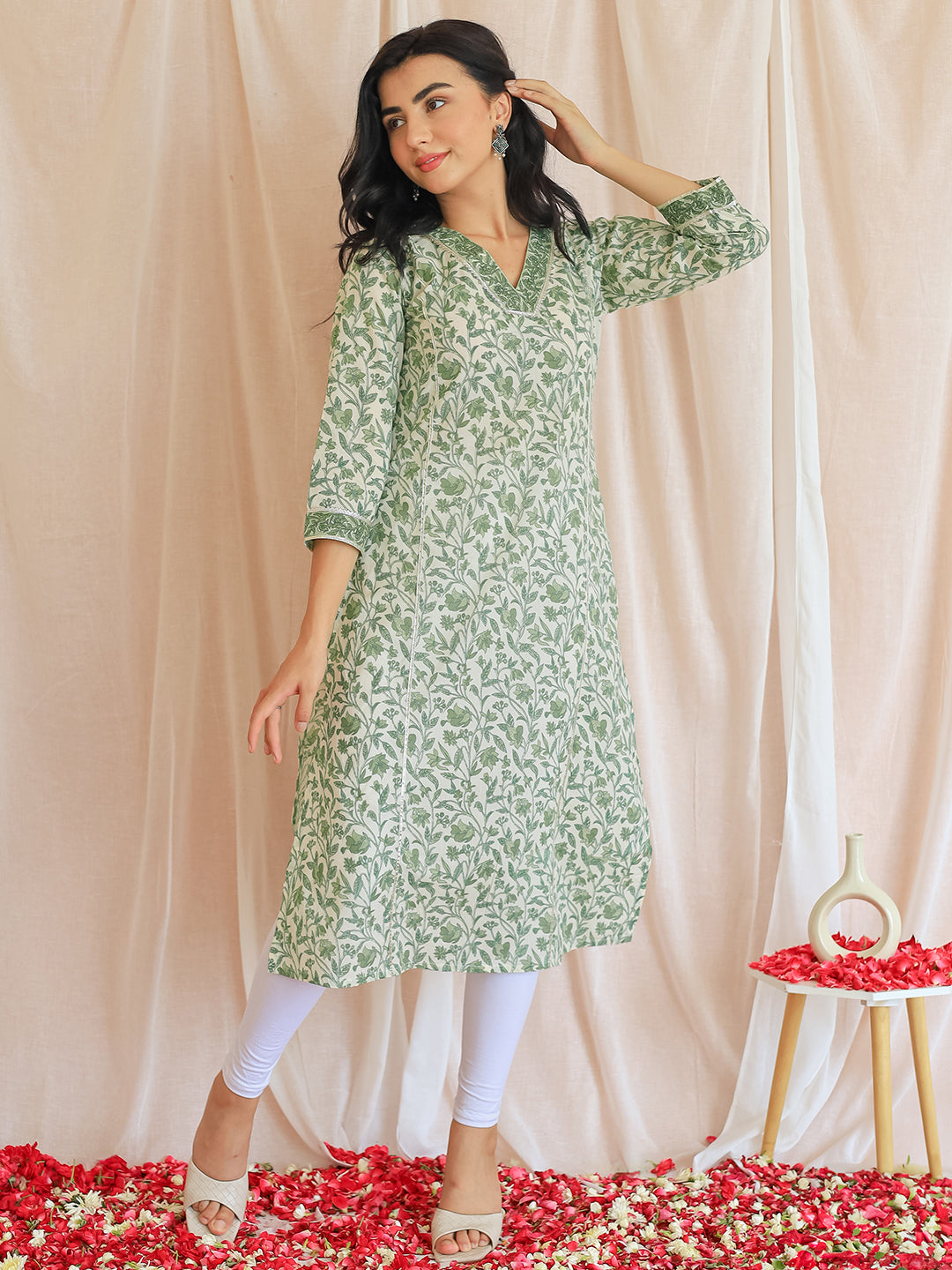 Green Printed Cotton Straight Kurta