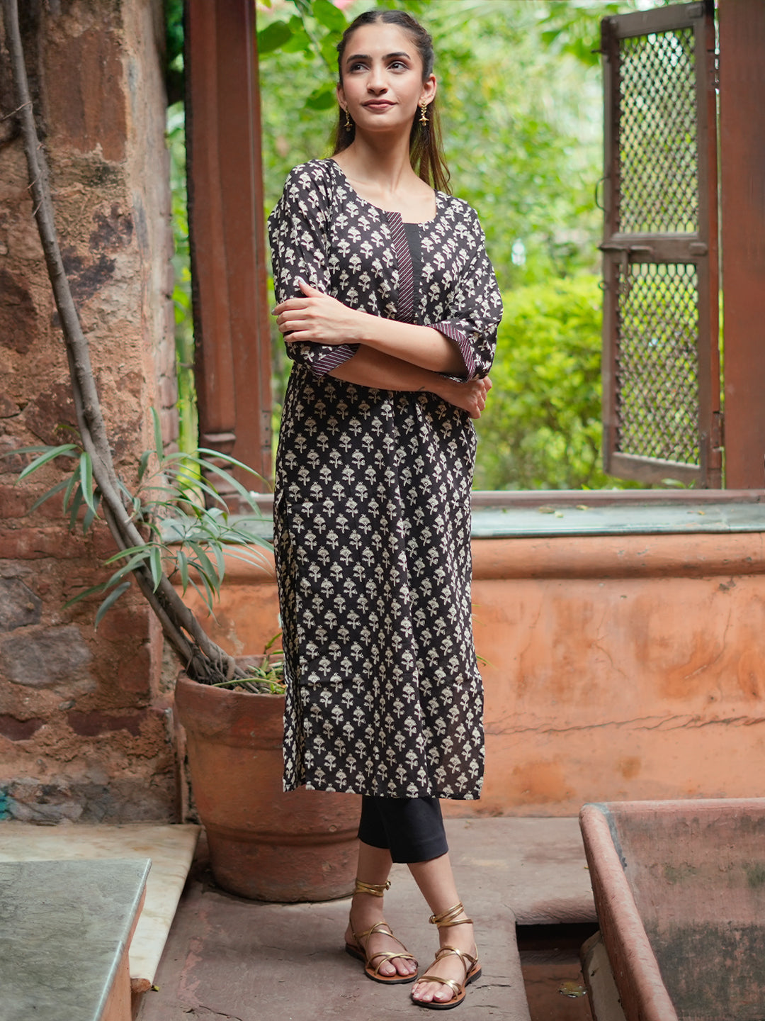 Black Printed Cotton Straight Kurta