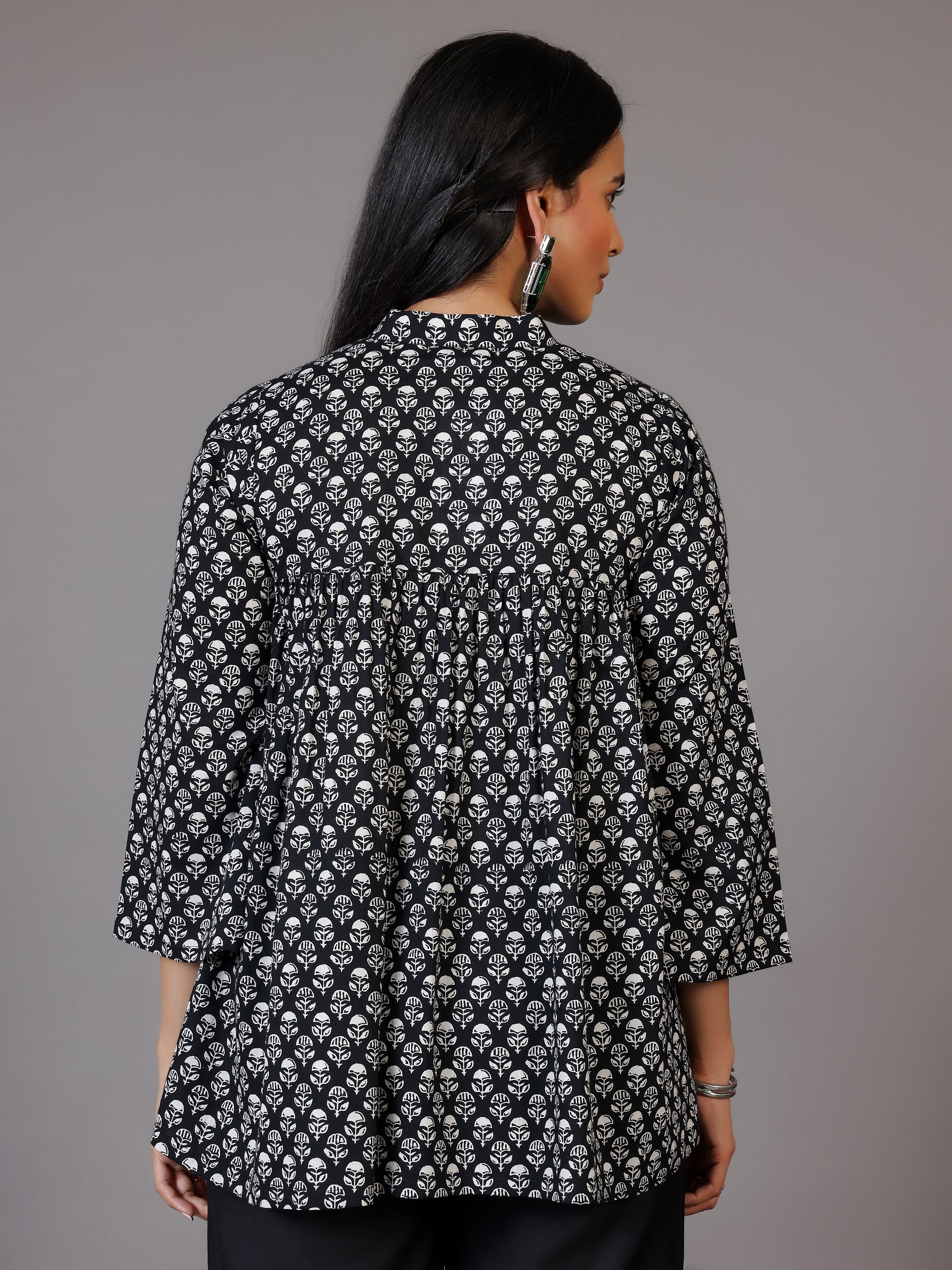 Black Printed Cotton A-Line Kurti