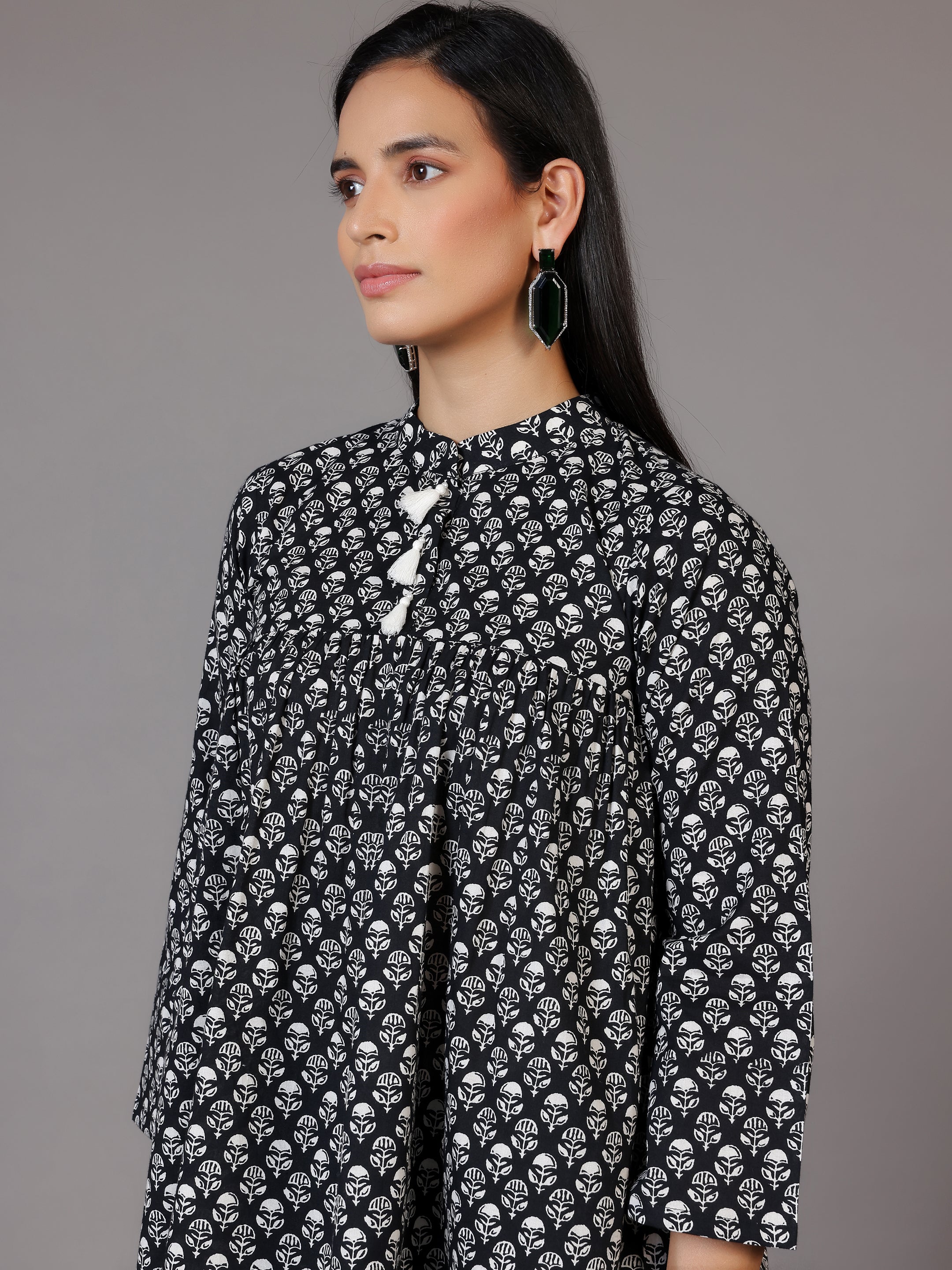 Black Printed Cotton A-Line Kurti