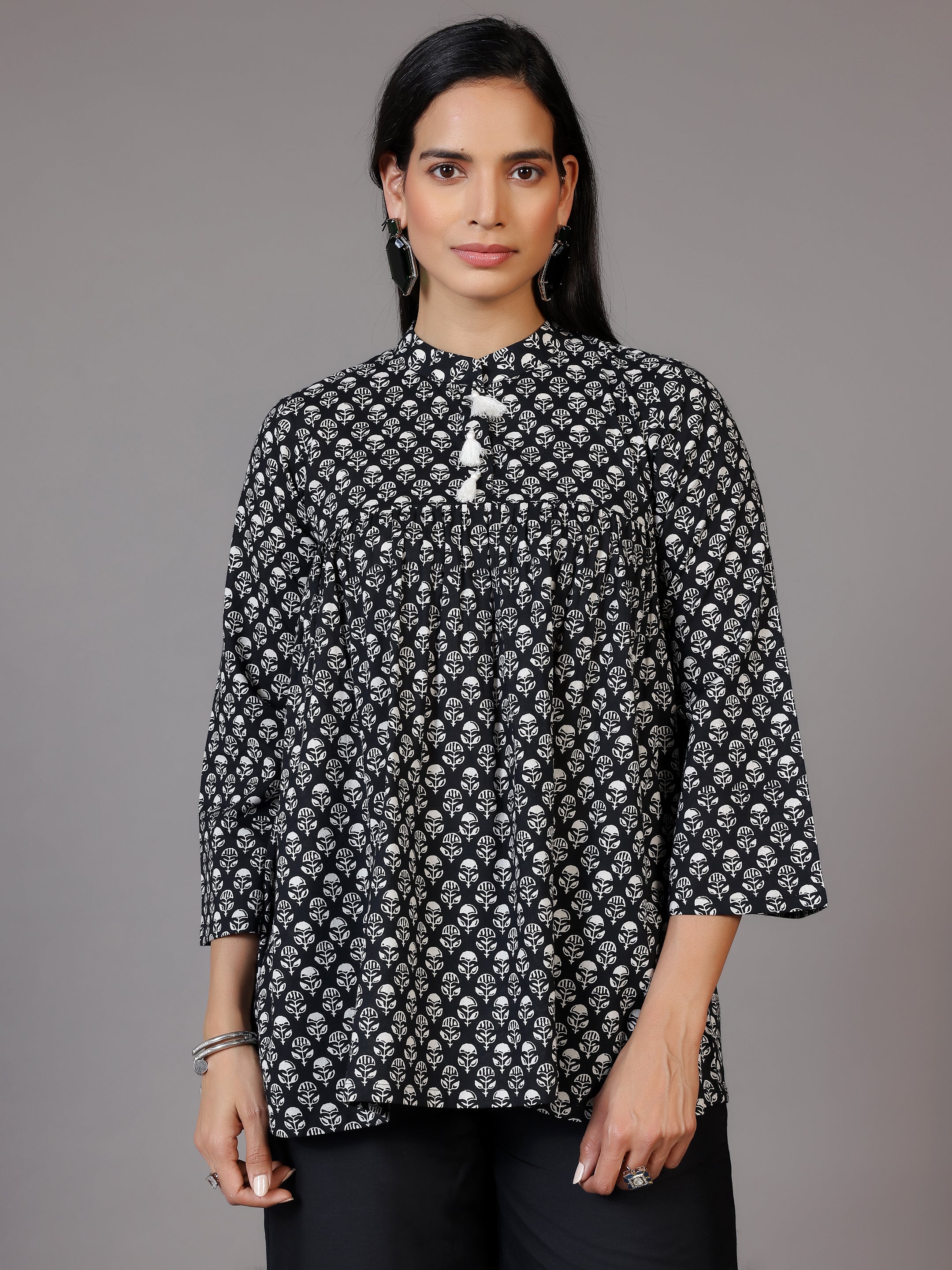 Black Printed Cotton A-Line Kurti