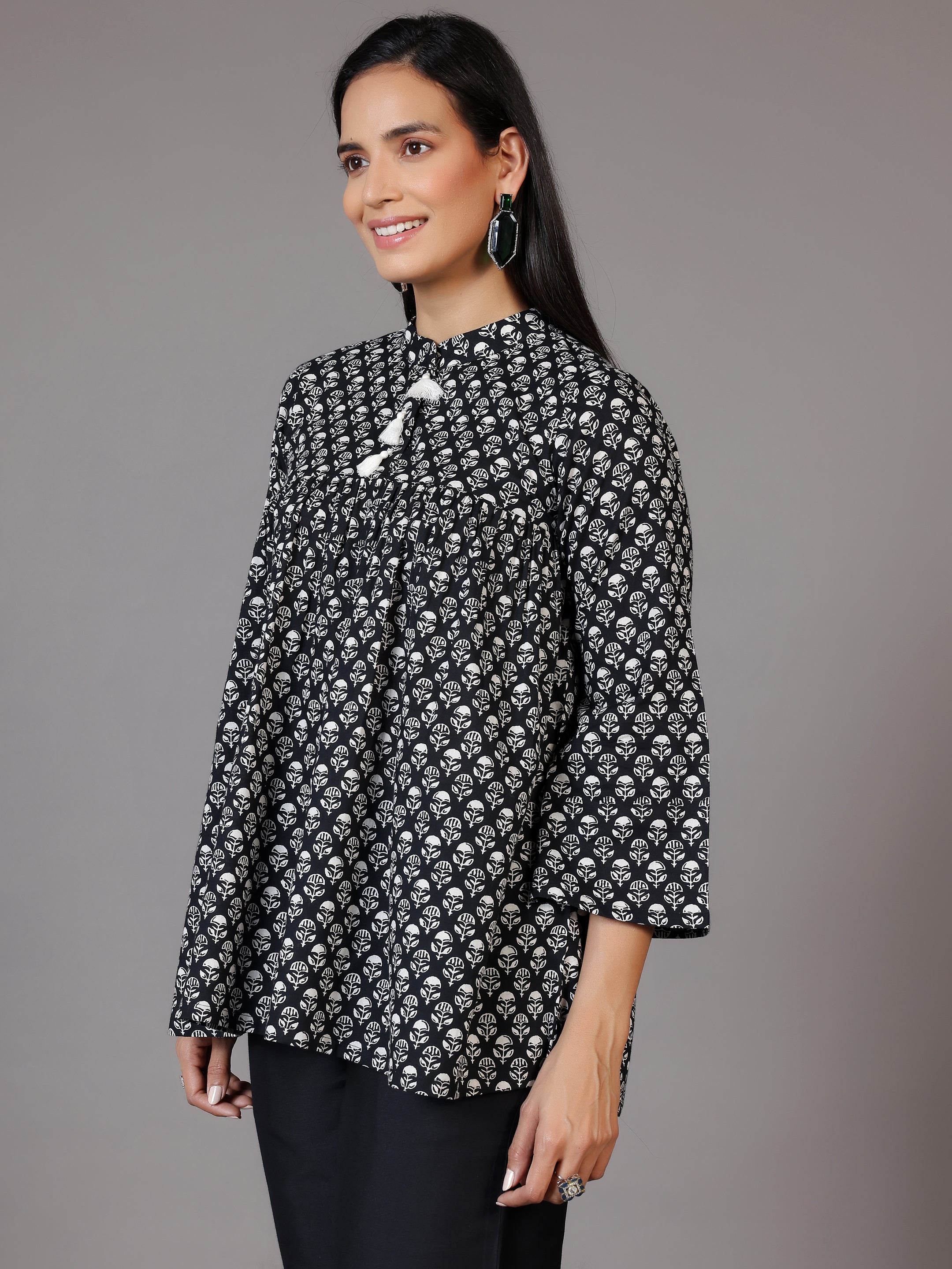 Black Printed Cotton A-Line Kurti