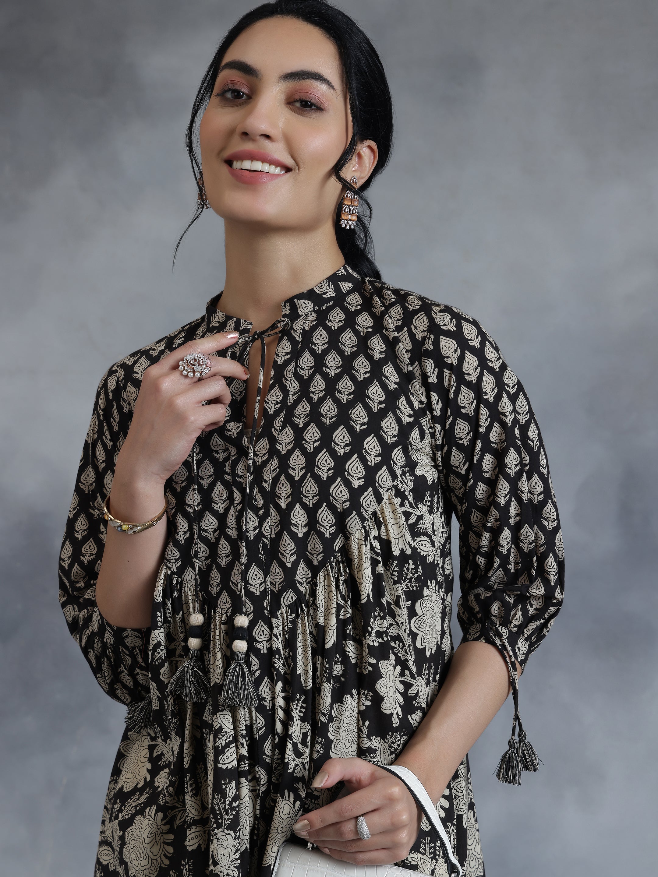 Black Printed Cotton A-Line Kurti