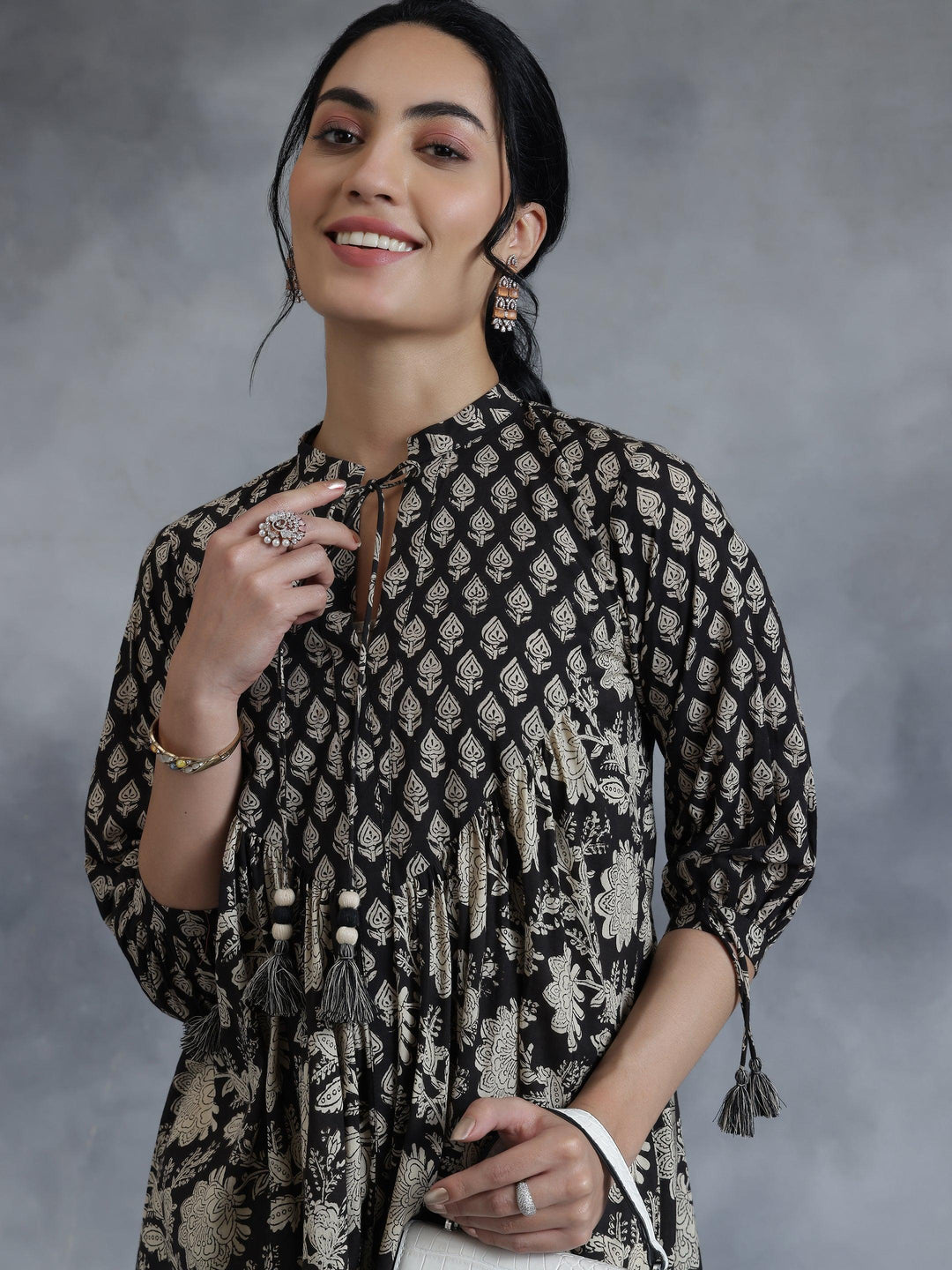 Black Printed Cotton A-Line Kurti - Libas