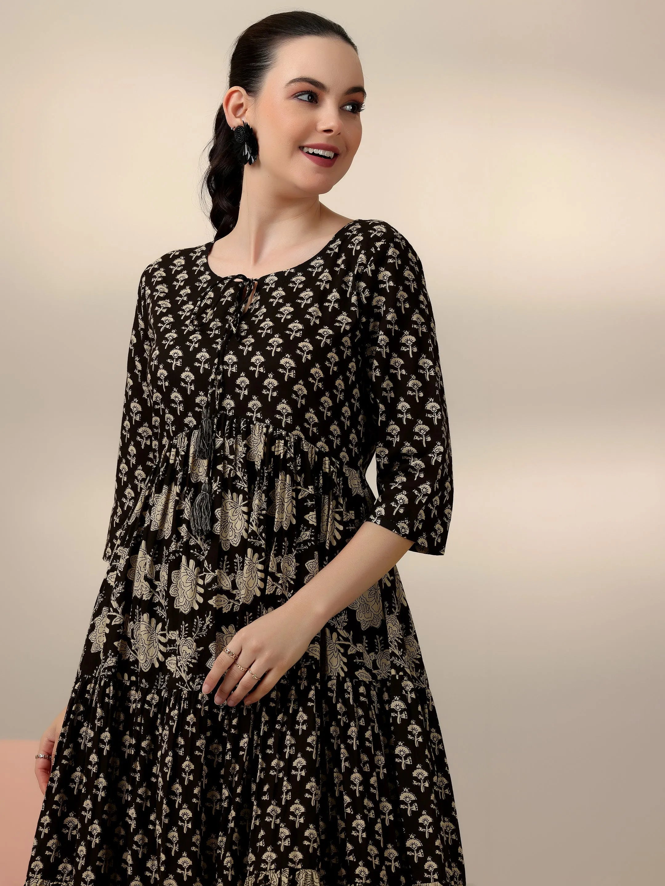 Black Printed Cotton A-Line Dress