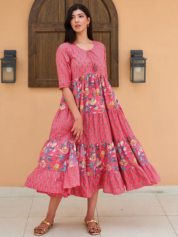 Pink Printed Cotton A-Line Dress