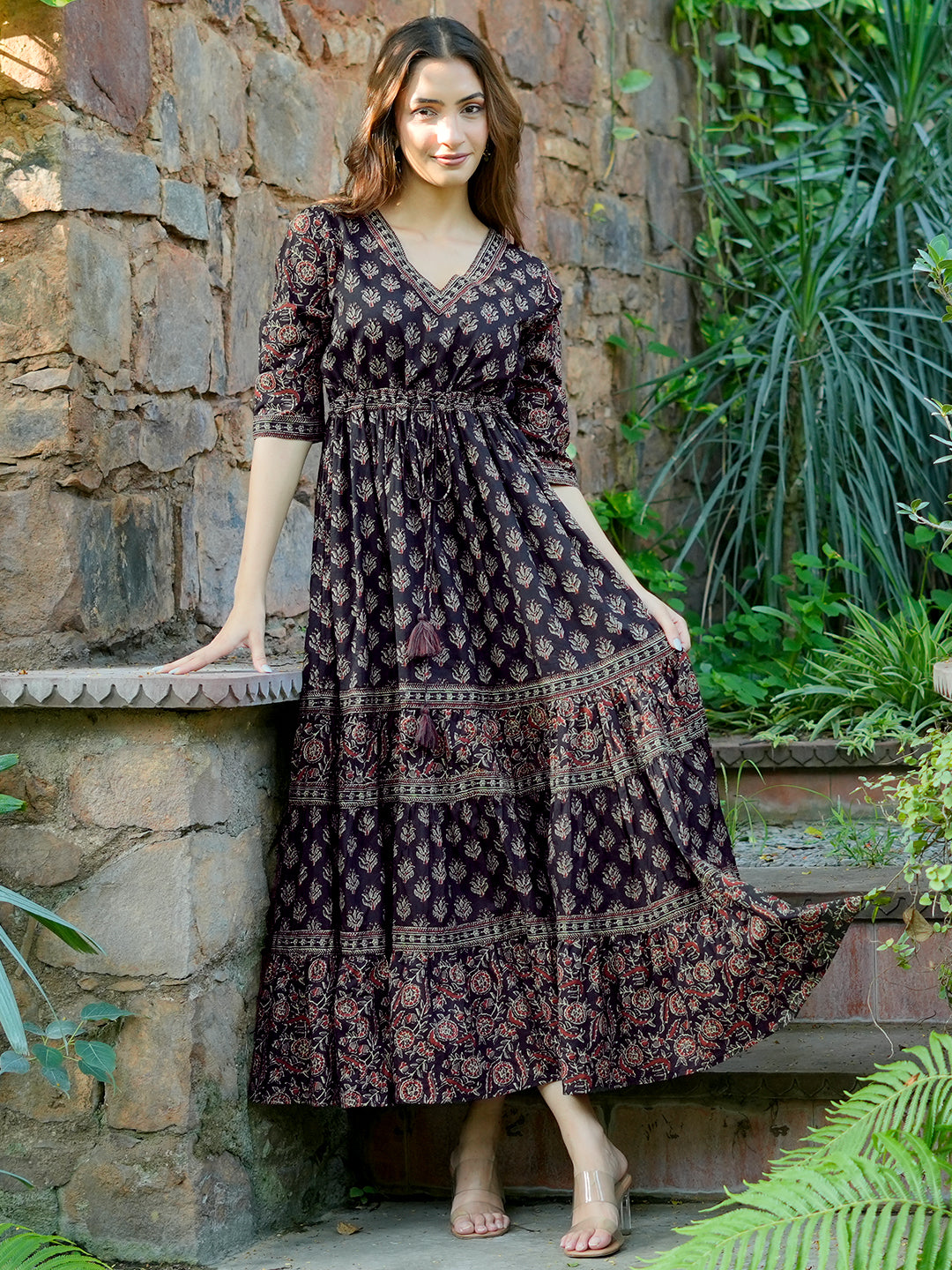 Black Printed Cotton A-Line Dress