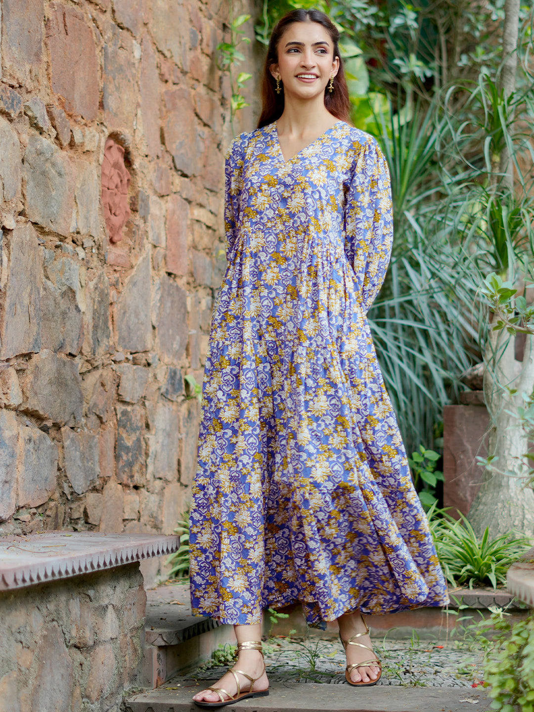 Blue Printed Cotton Fit and Flare Dress