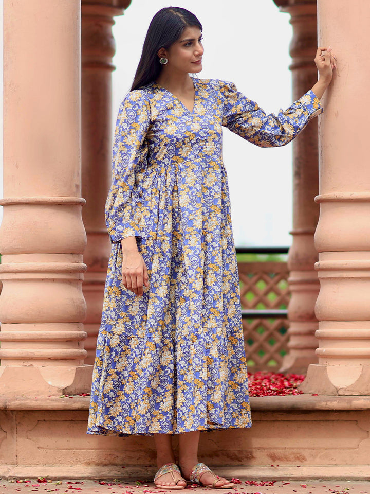 Blue Printed Cotton Fit and Flare Dress