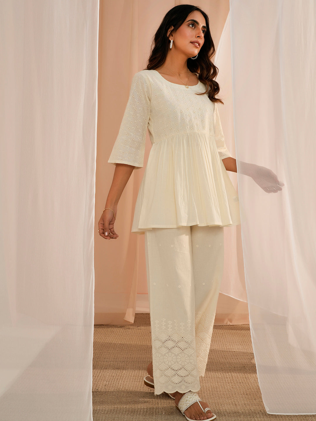 Off White Embroidered Cotton A-Line Kurti