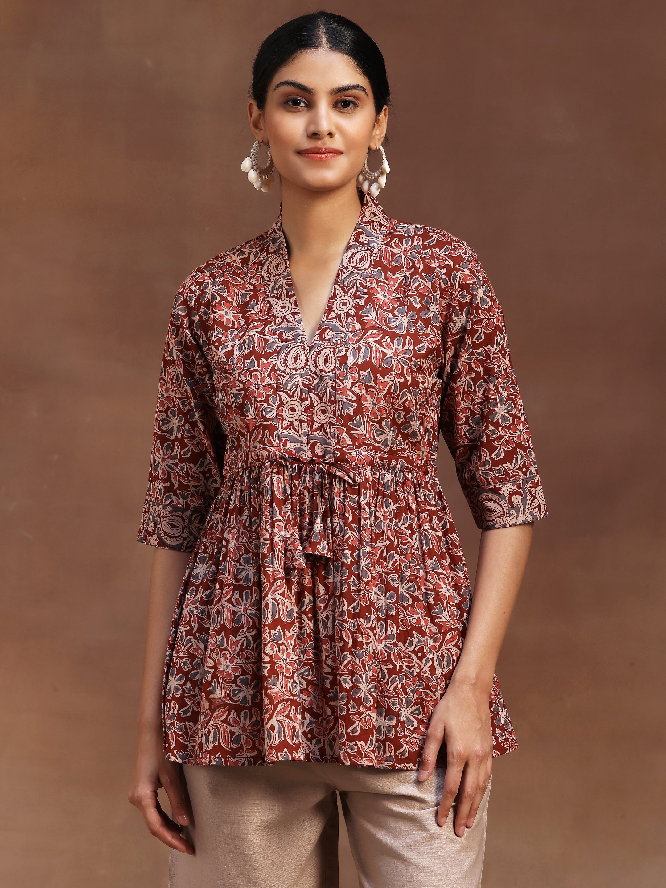 Rust Printed Cotton A-Line Kurti