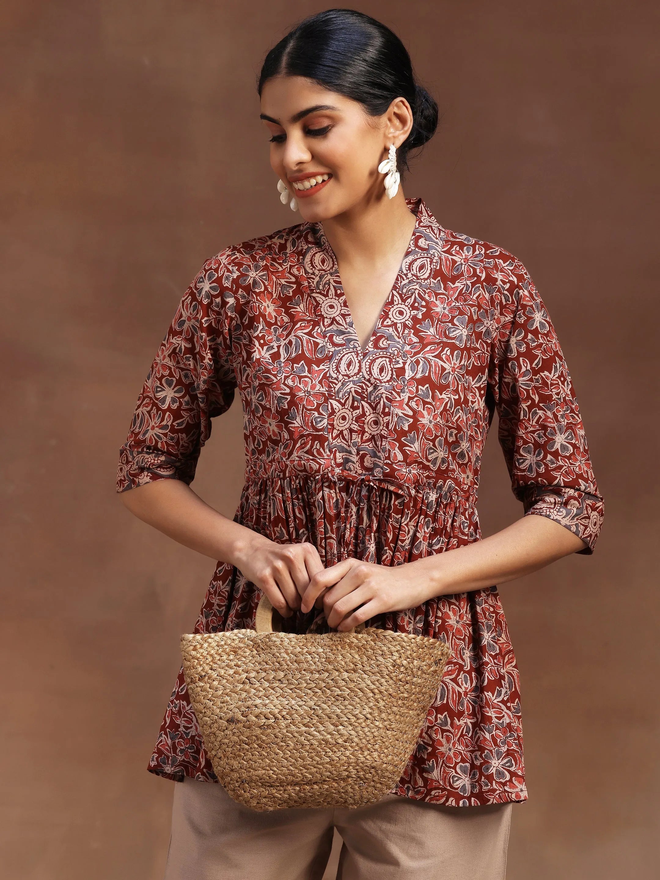 Rust Printed Cotton A-Line Kurti