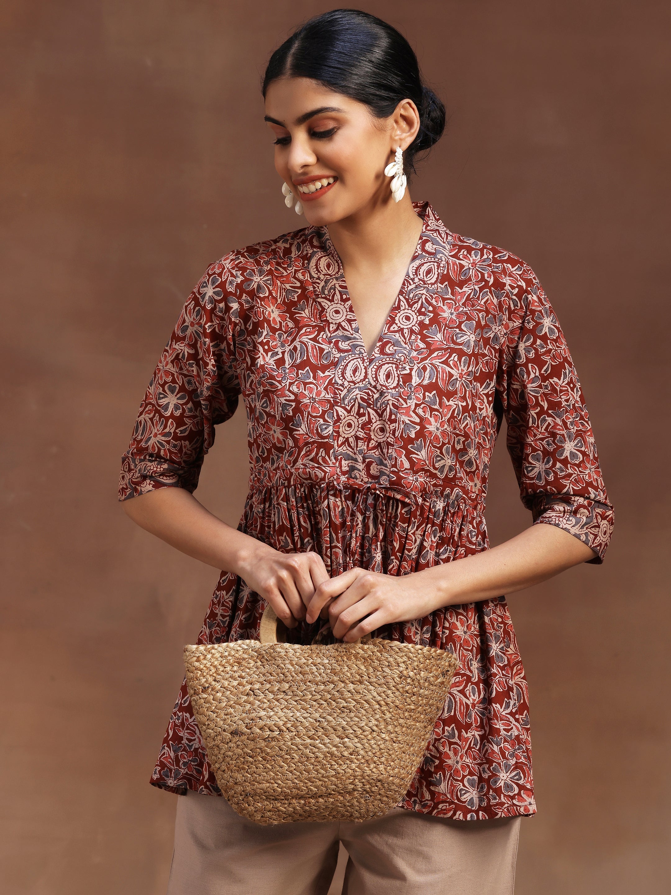 Rust Printed Cotton A-Line Kurti