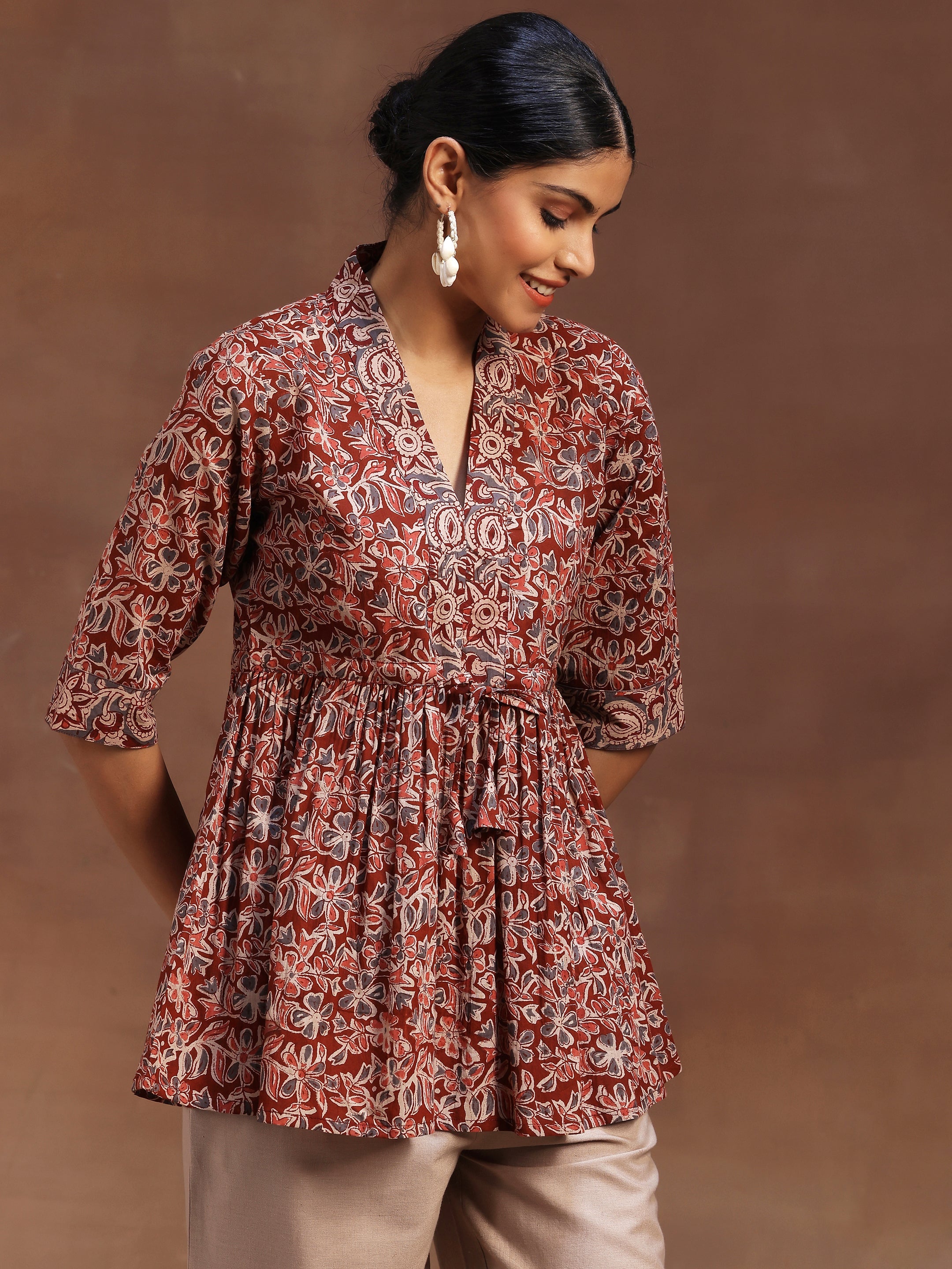 Rust Printed Cotton A-Line Kurti