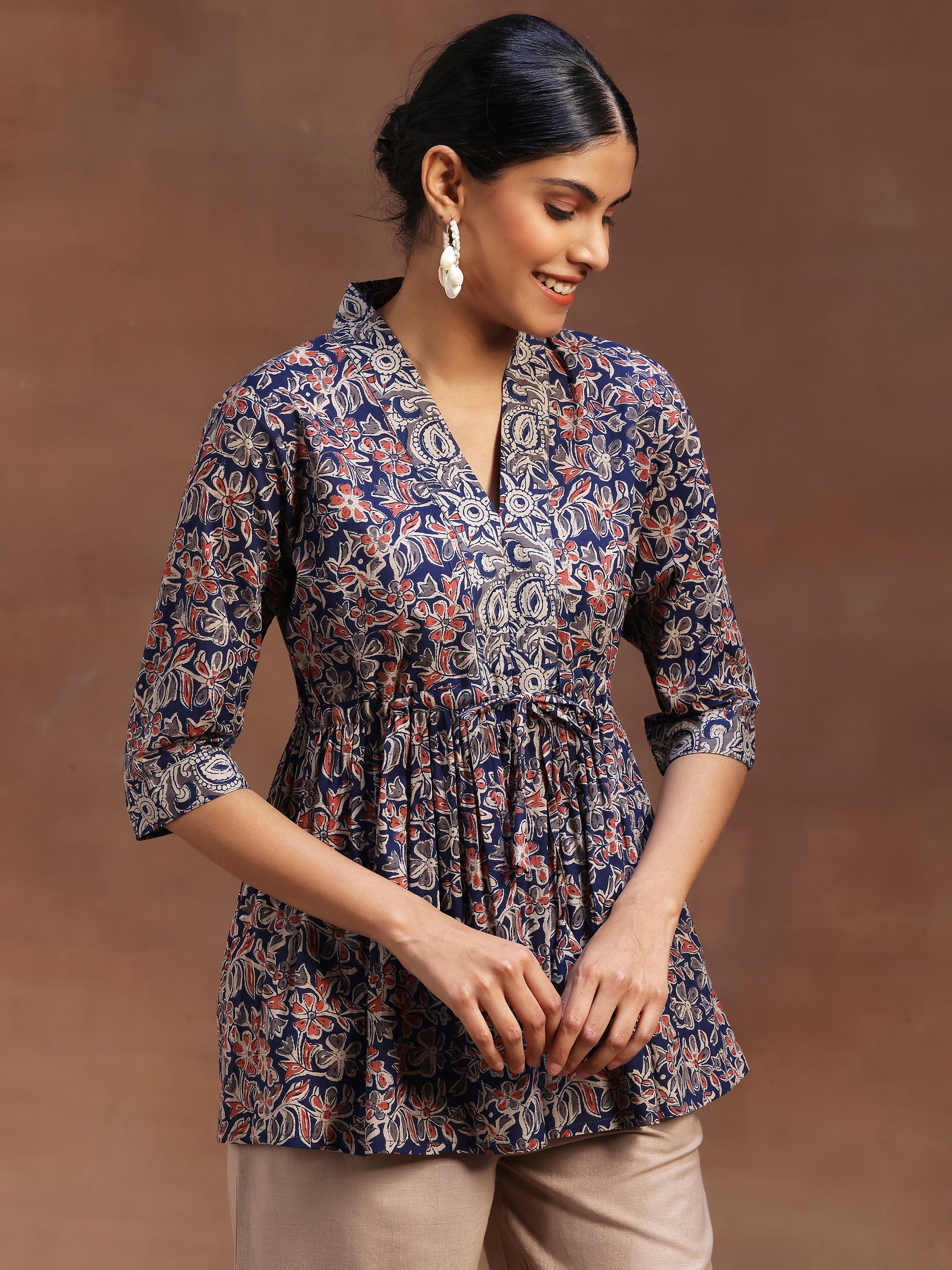 Blue Printed Cotton A-Line Kurti