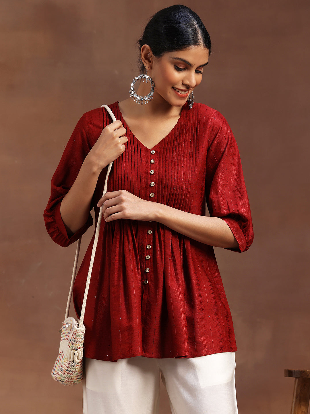 Red Woven Design Silk Blend A-Line Kurti