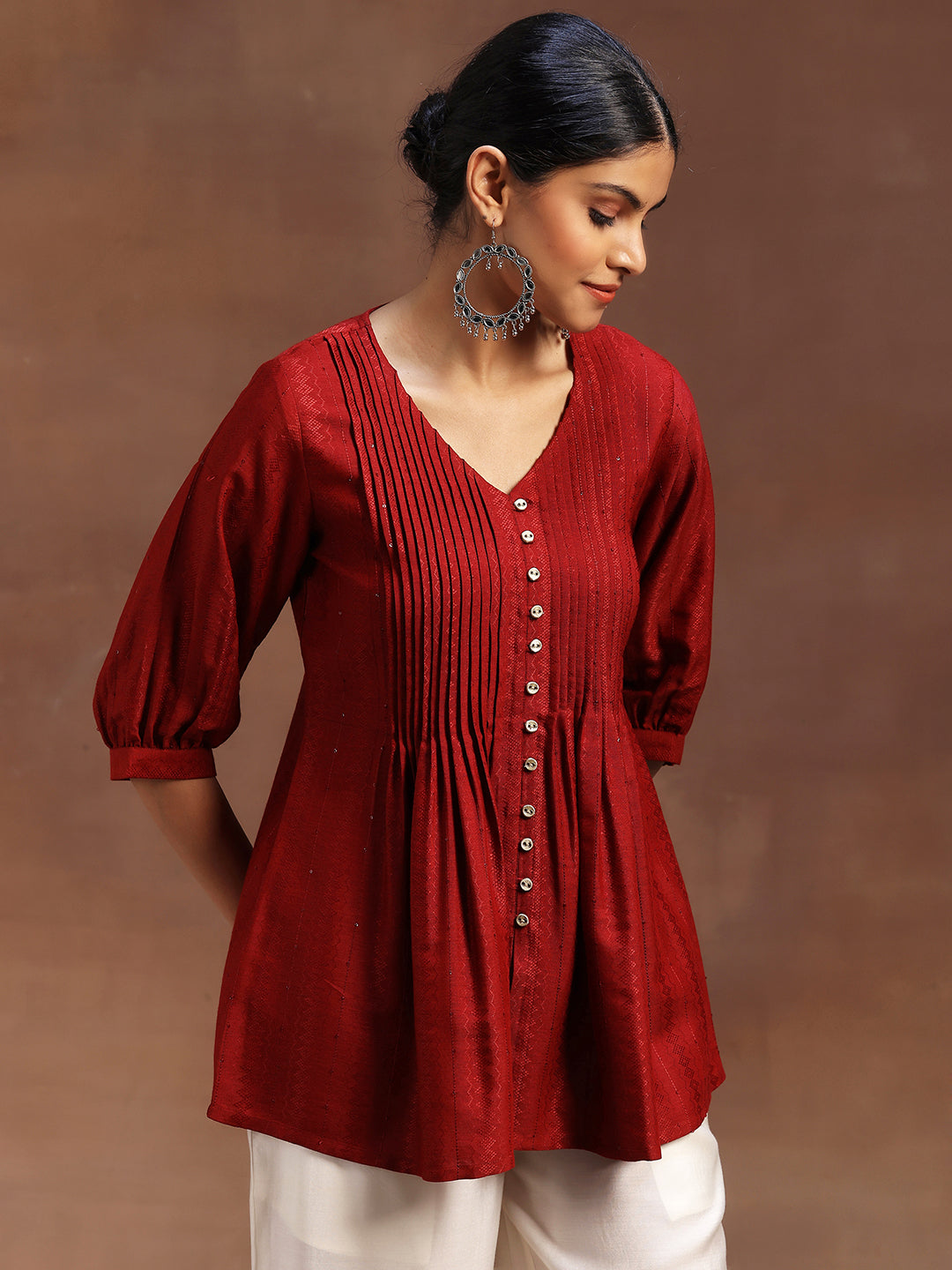 Red Woven Design Silk Blend A-Line Kurti