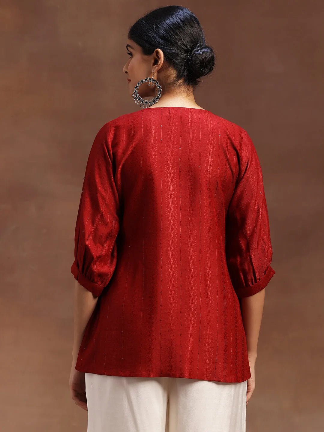 Red Woven Design Silk Blend A-Line Kurti