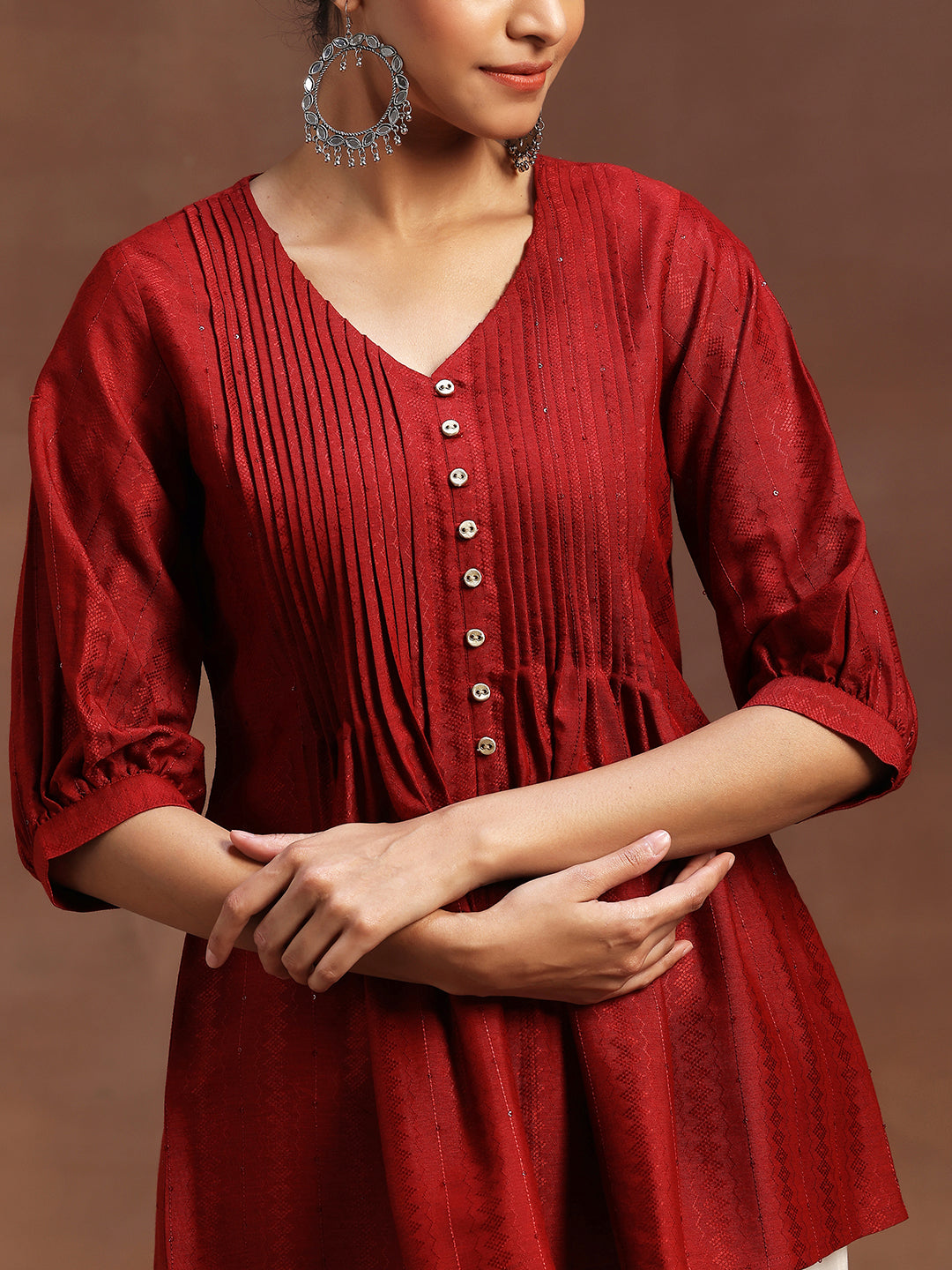 Red Woven Design Silk Blend A-Line Kurti