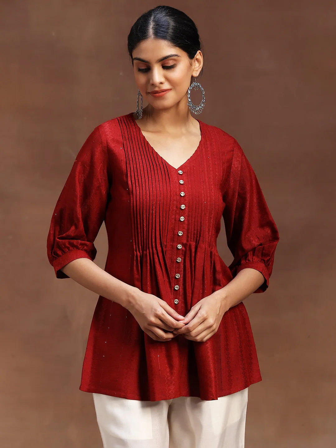 Red Woven Design Silk Blend A-Line Kurti