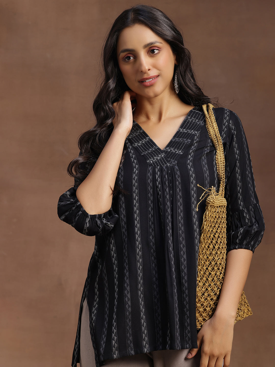 Black Woven Design Rayon Straight Kurti