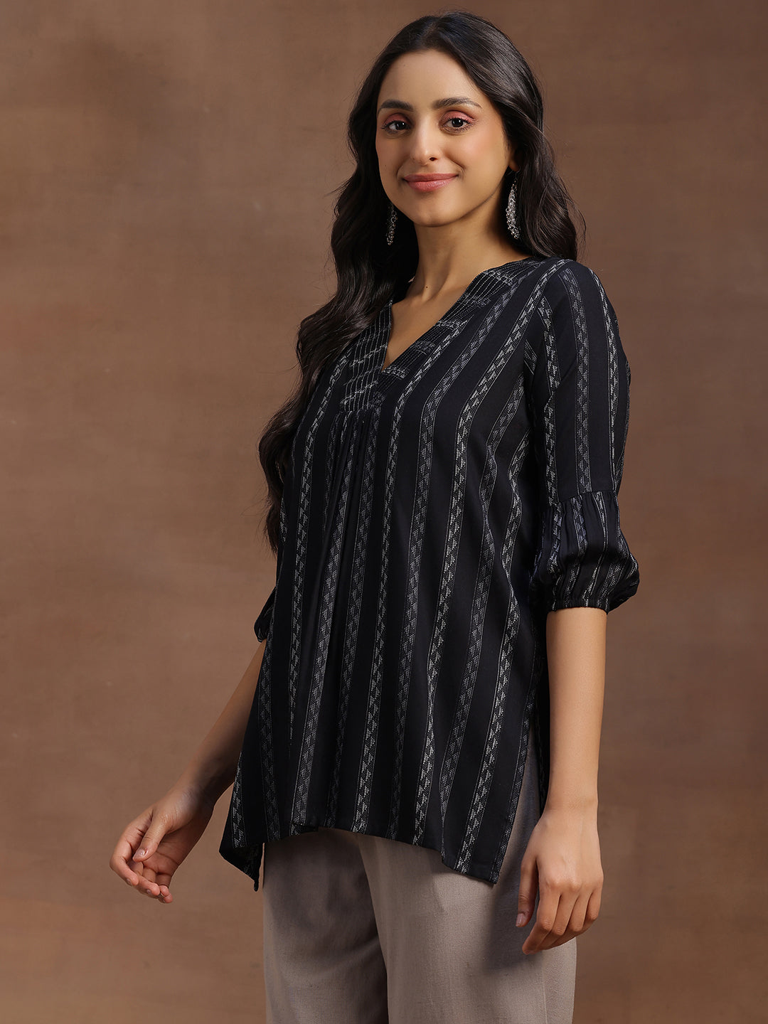 Black Woven Design Rayon Straight Kurti