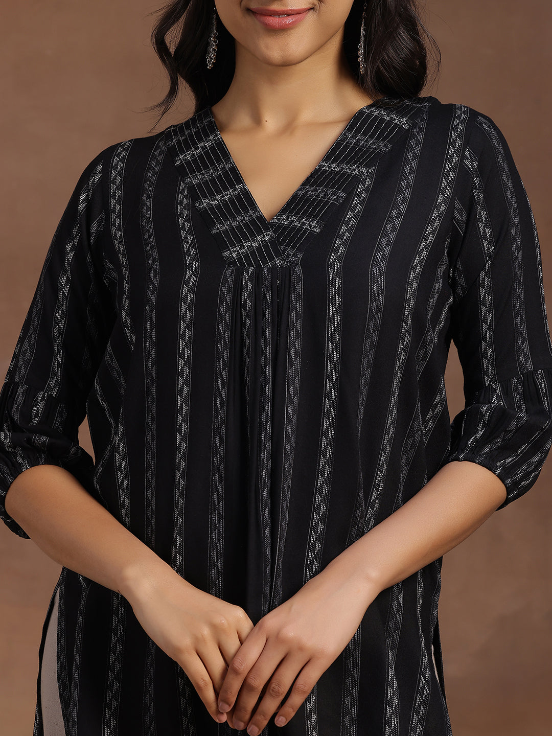 Black Woven Design Rayon Straight Kurti