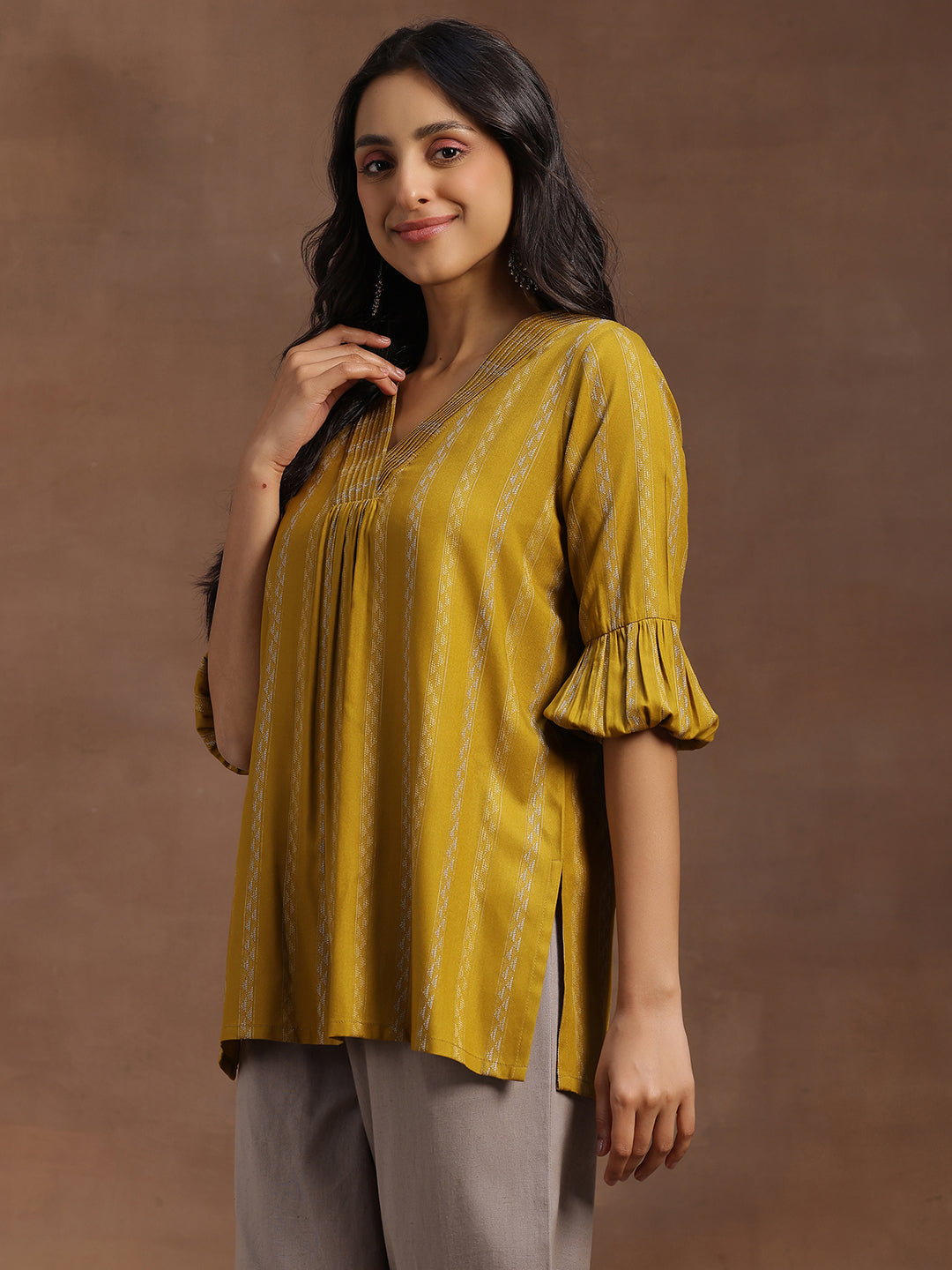 Mustard Woven Design Rayon Straight Kurti