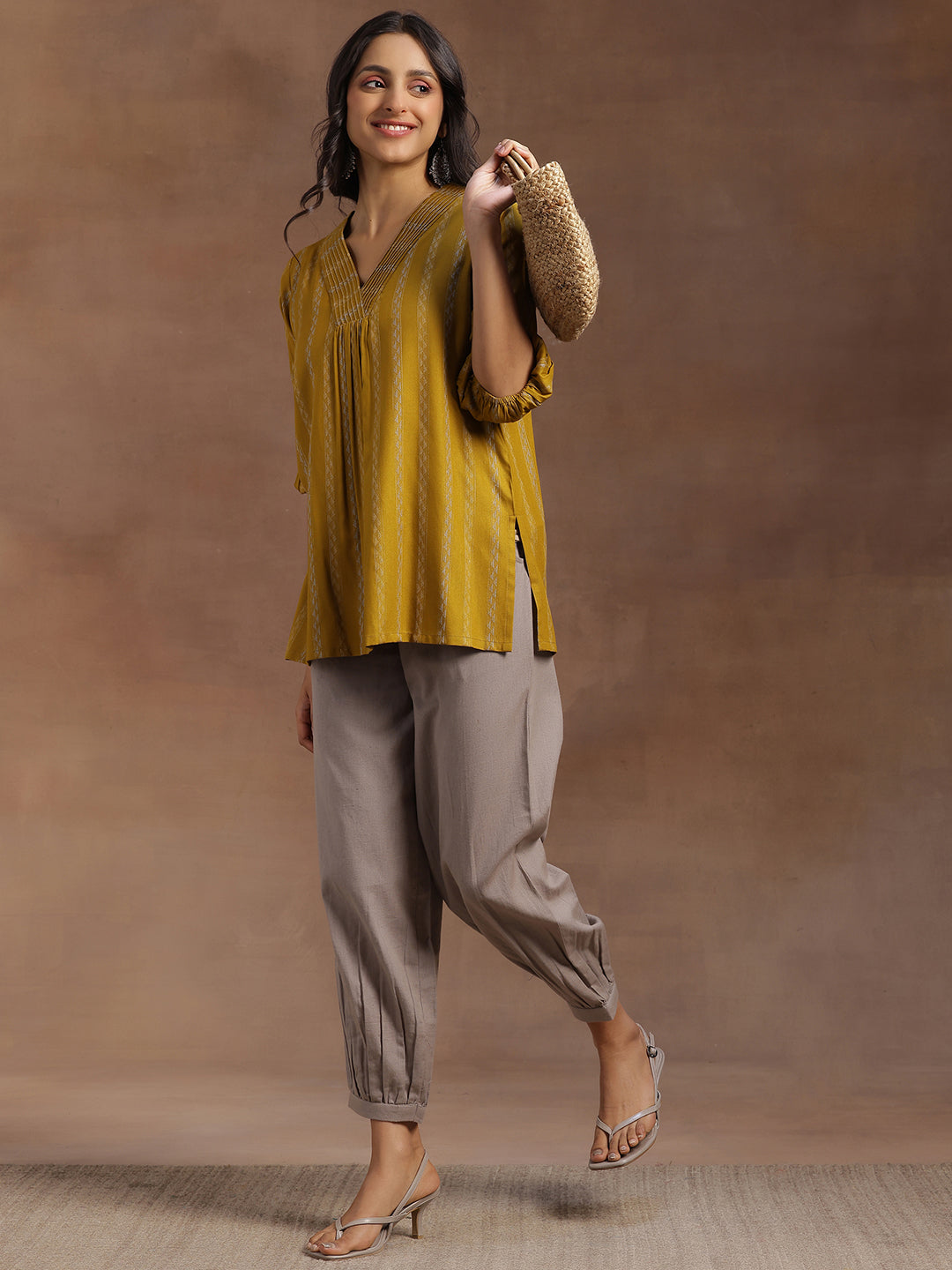 Mustard Woven Design Rayon Straight Kurti