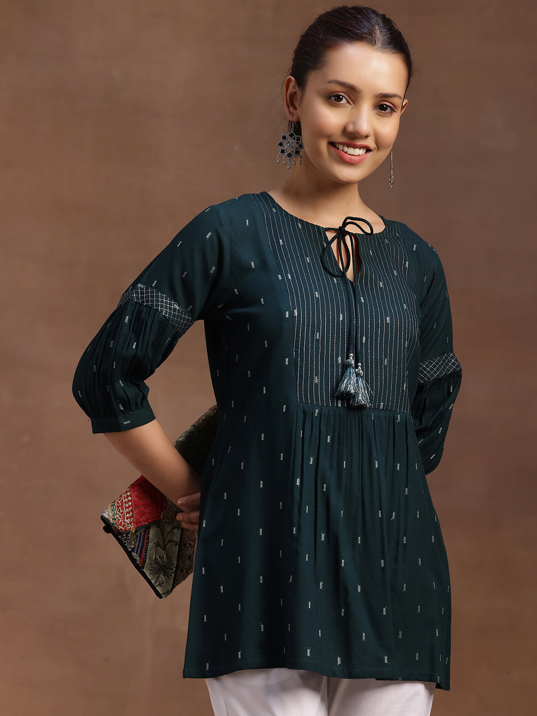 Green Woven Design Rayon A-Line Kurti