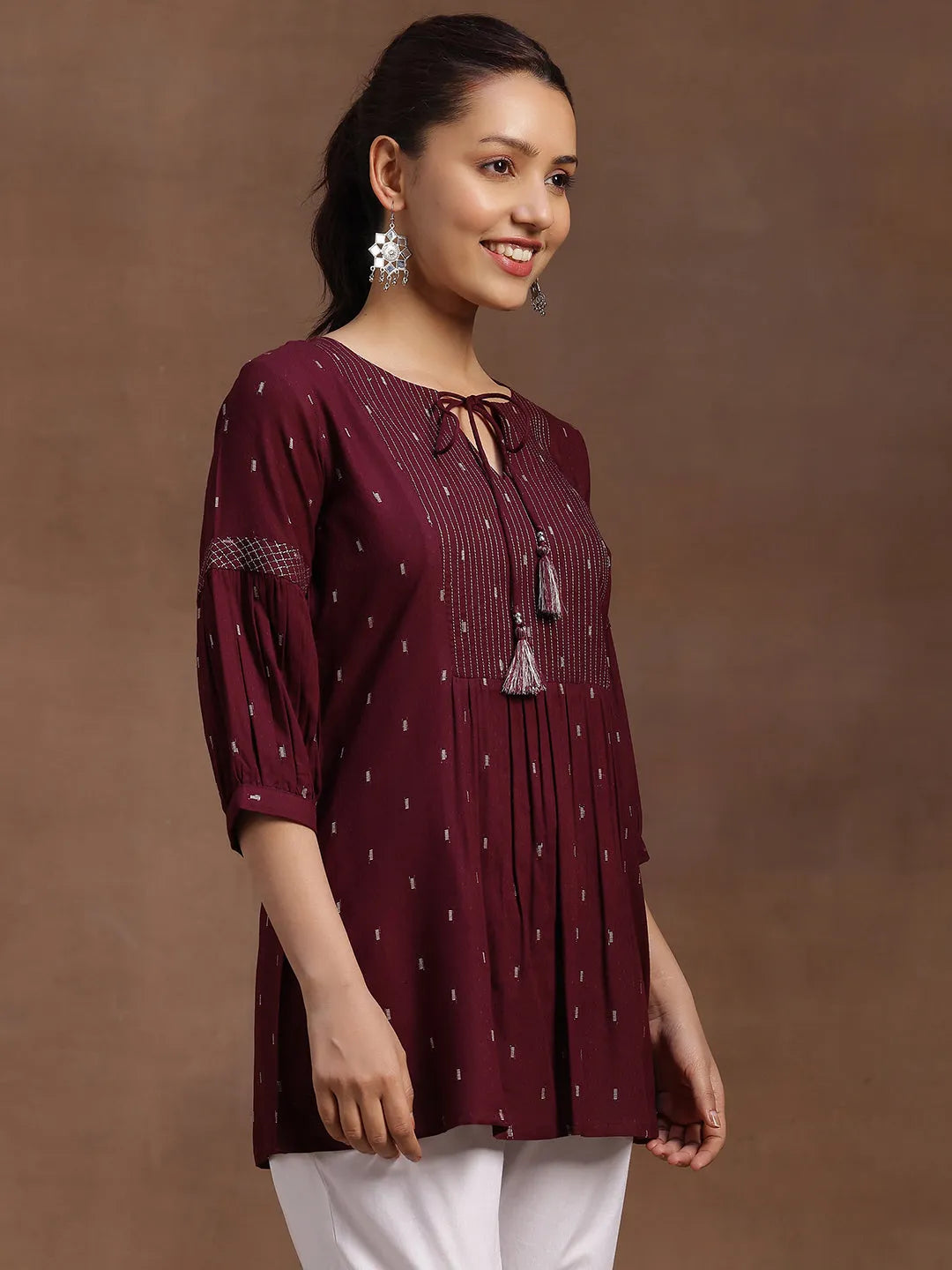 Wine Woven Design Rayon A-Line Kurti