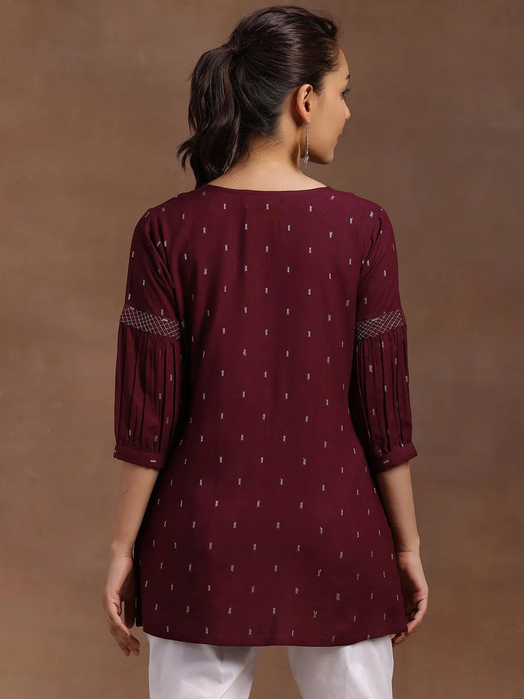 Wine Woven Design Rayon A-Line Kurti