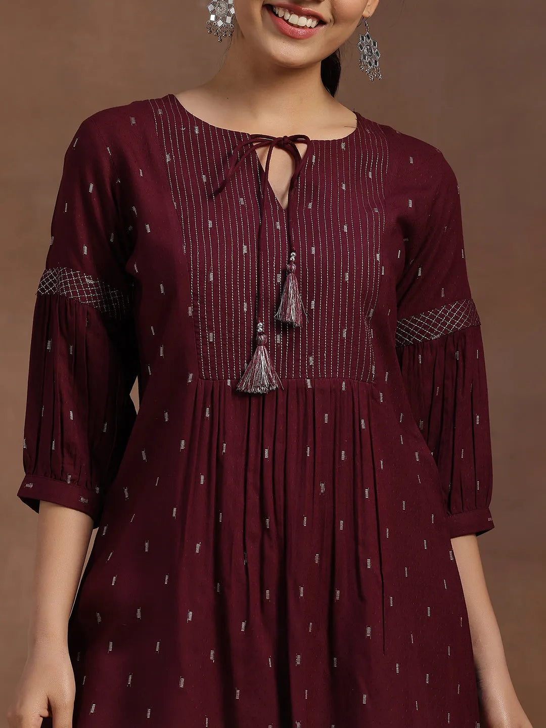 Wine Woven Design Rayon A-Line Kurti