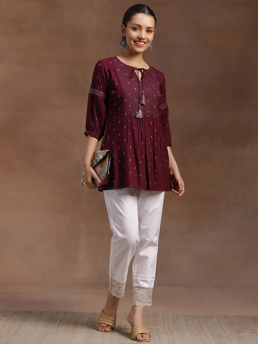 Wine Woven Design Rayon A-Line Kurti