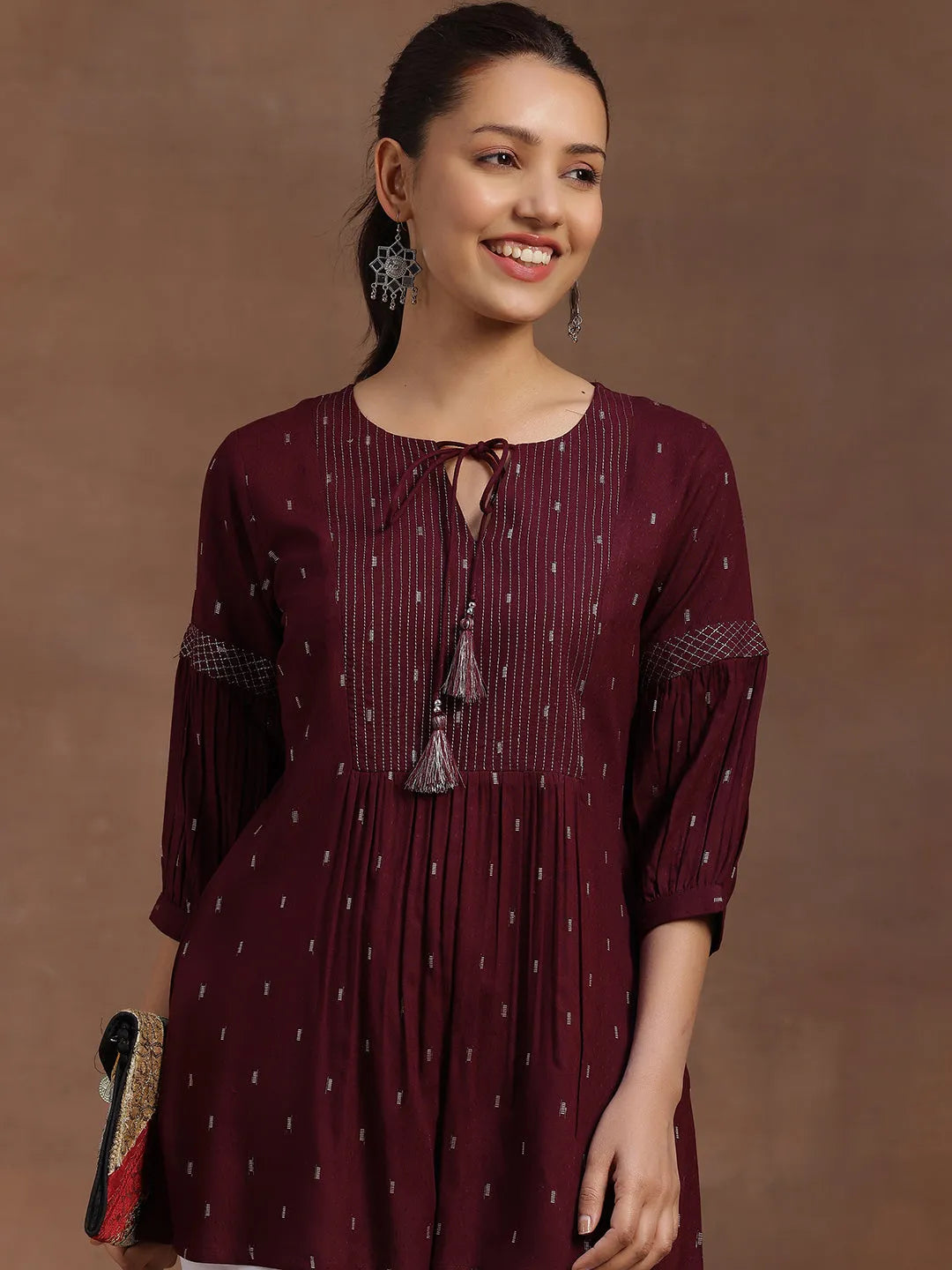 Wine Woven Design Rayon A-Line Kurti