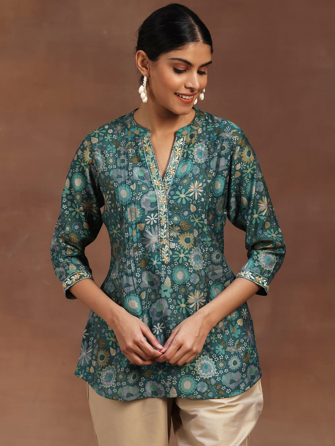 Green Printed Silk Blend A-Line Kurti